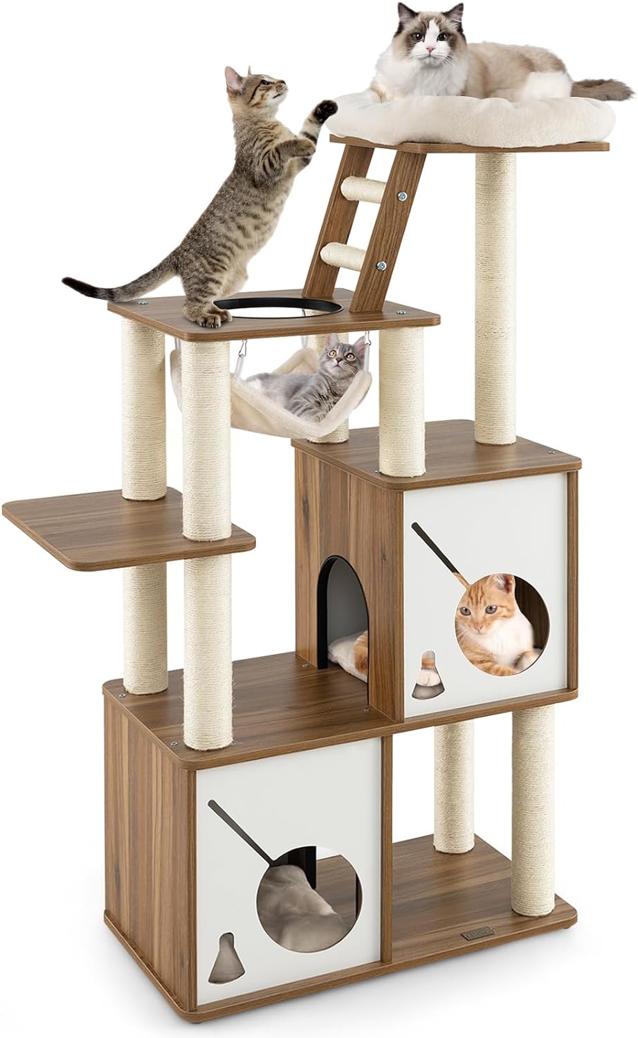 Arbre à Chat XXL 152 Cm En Bois - 4 Plateformes, 2 Condos, Panier, Sisal - Grande Tour De Jeu Et Repos Pour Chats - 8