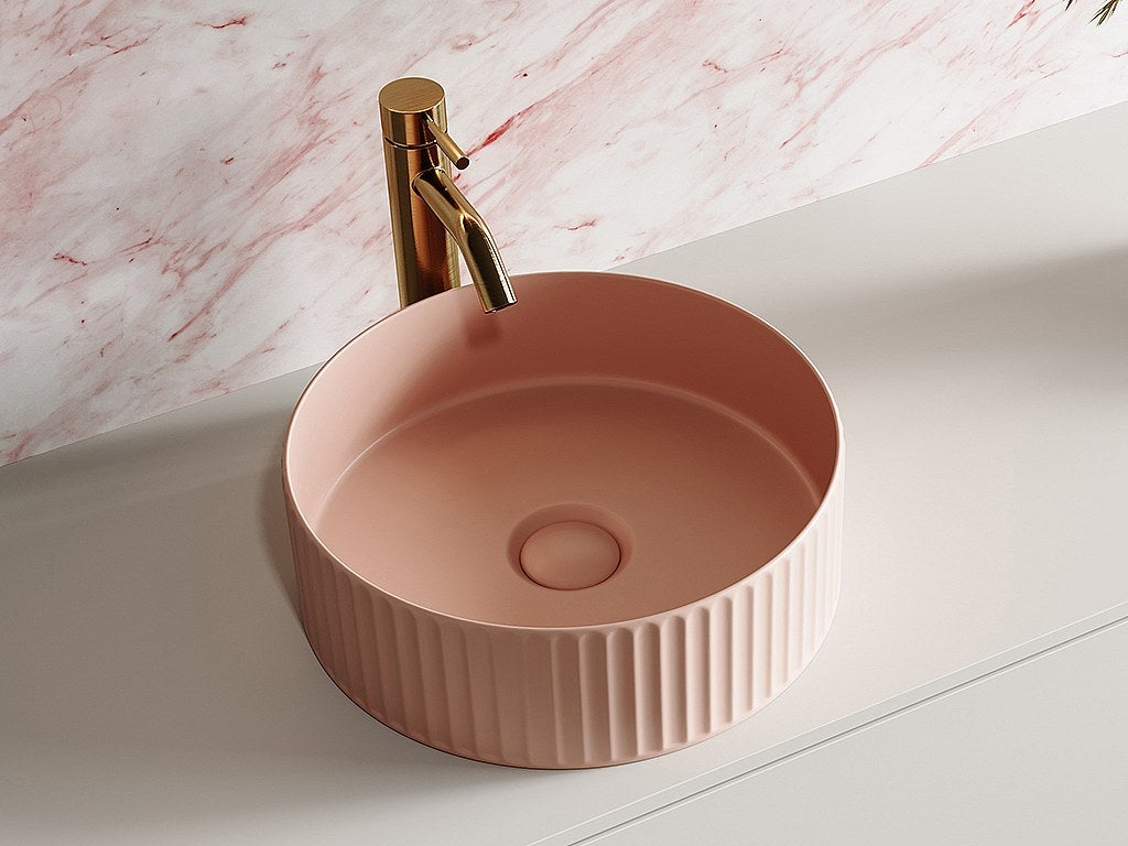 Umywalka nablatowa okrągła z ryflowanej ceramiki - Różowy mat - 36 cm - PEDARA