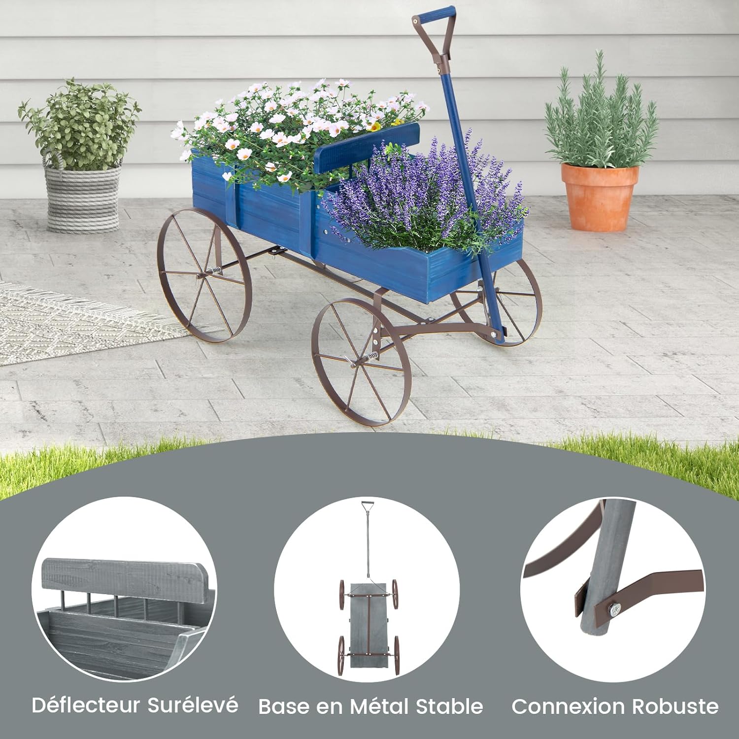 Brouette Décorative en Bois avec 2 Compartiments à Planter Roues Métalliques et Poignée à l'avant Charge 15kg pour Cour Jardin Véranda (Gris) - 3