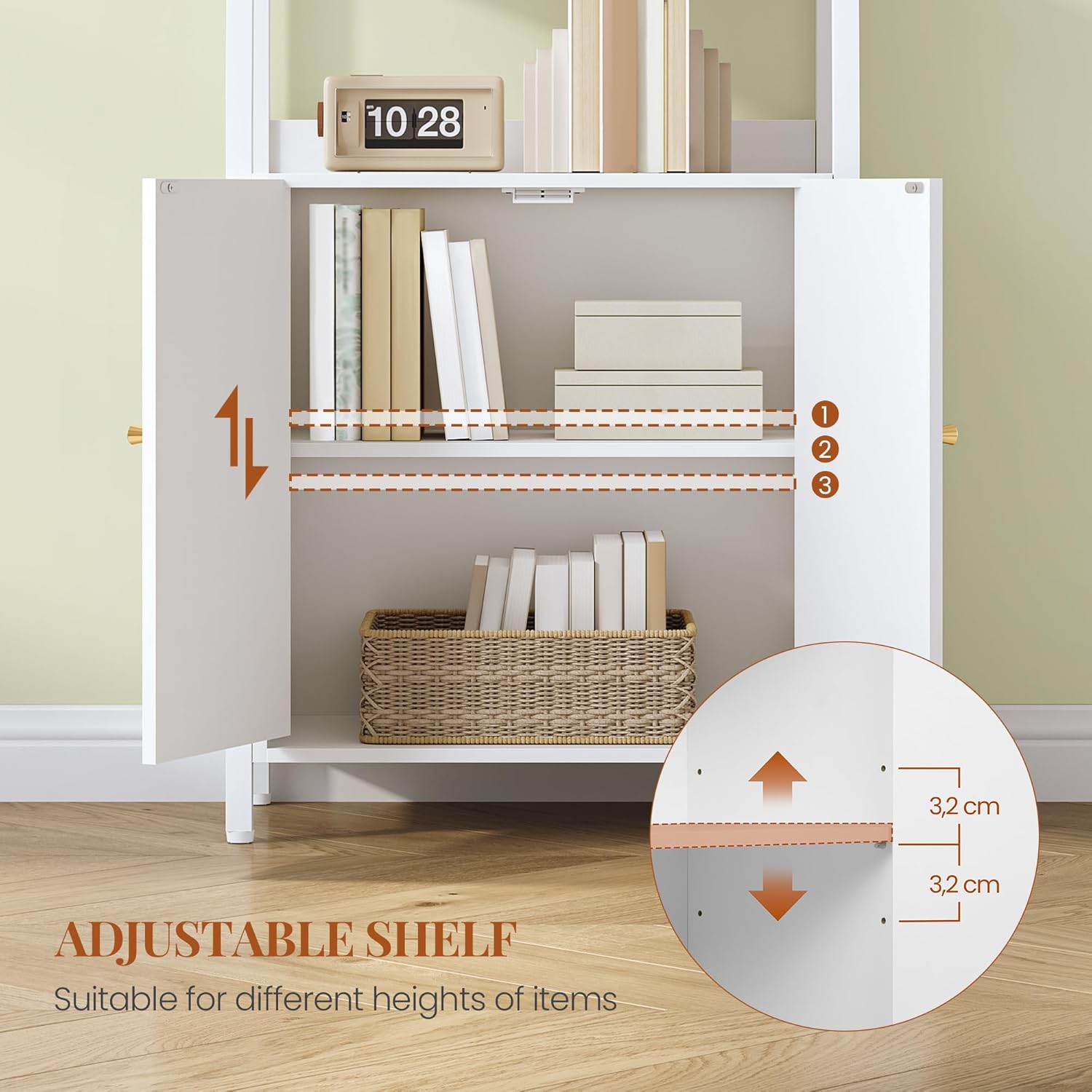 Libreria Scaffale a 6 Ripiani con Ante, Libreria Verticale a Scaletta, Librerias con 4 Ripiani Aperti,Struttura in Acciaio,Ripiani Regolabili,Bianco - 4