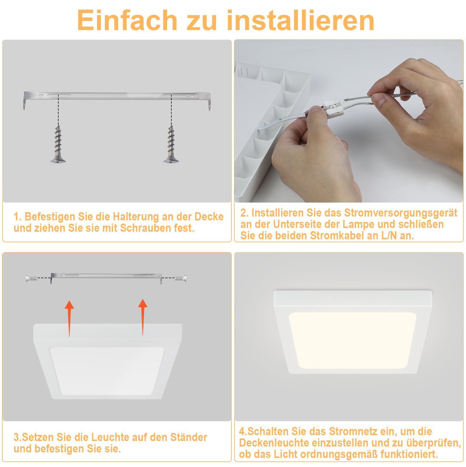 NETTLIFE Plafón LED Pack de 2, Cuadrado 23cm 18W, 4000K Blanco Neutro, Lámpara IP44 Impermeable para Baño, Cocina, Dormitorio y Oficina. - 8