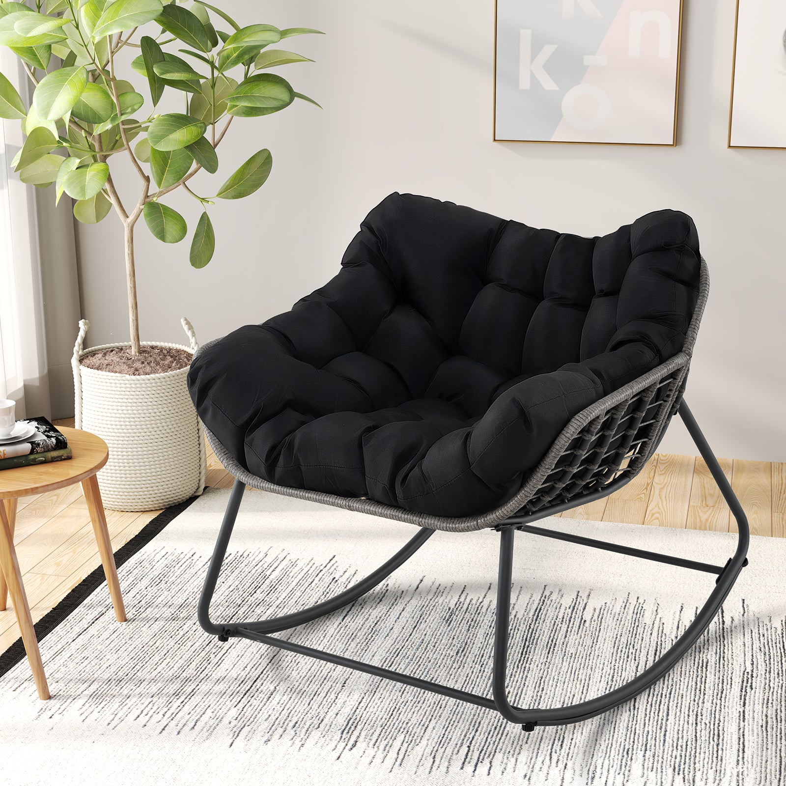 Fauteuil à Bascule d'Extérieur, Fauteuil Œuf Surdimensionné en Osier PE avec Coussin Épais Amovible, 98 x 98 x 87 cm, Charge 150 kg, Noir - 9