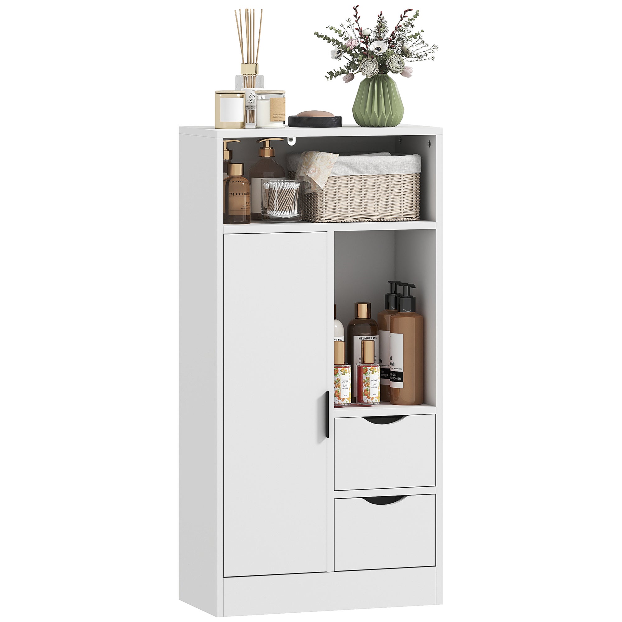 Leroy Merlin Bathroom Cabinet With 2 Drawers, Open Compartment And Adjustable Shelves For Small Spaces 50X25x100 Cm White Blanco 