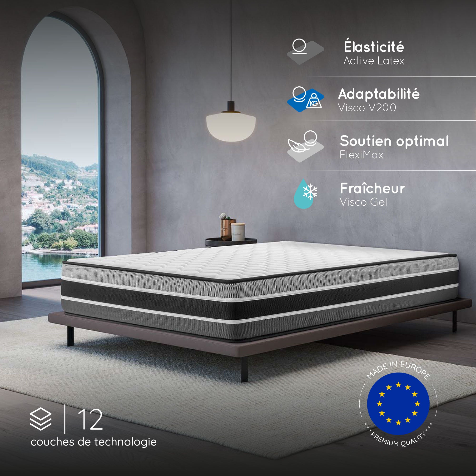 Matelas Felis 140x190 cm - Multicouches HR - Blue Latex - Confort Premium - Mousse à Mémoire de forme - Très épais 30 cm - 7 Zones - Reversible - 2