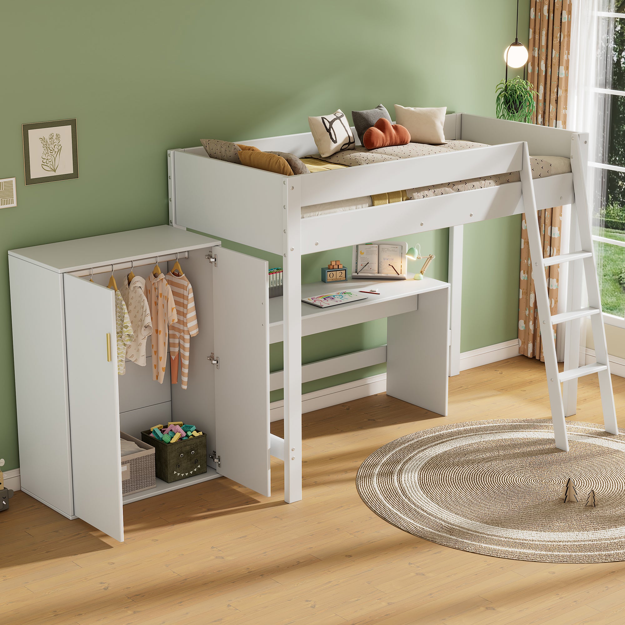 Lit mezzanine 90x200cm en bois - avec bureau et armoire modulable - Blanc - 2