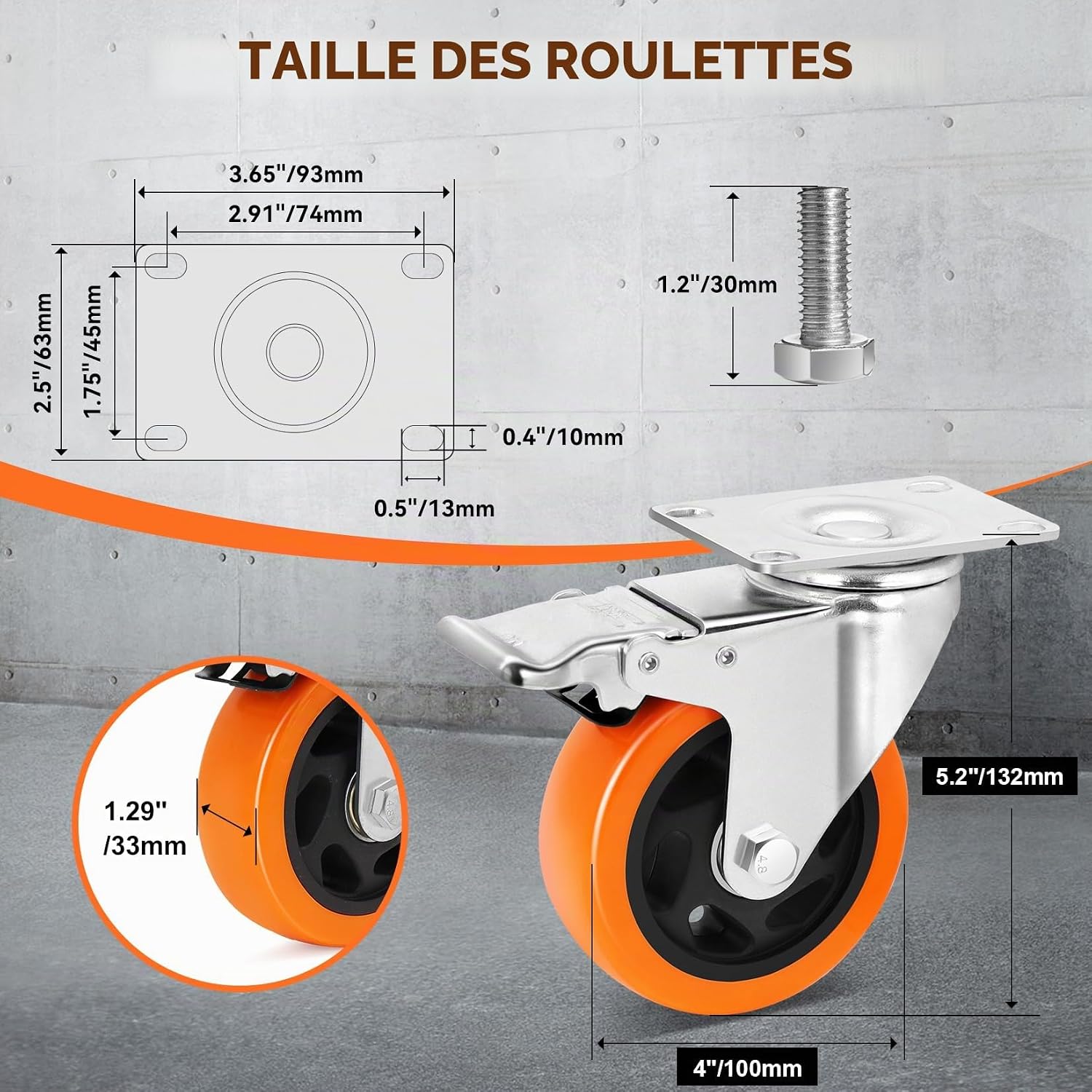 Roulettes pour Meubles 100mm avec 4 Frein, Roulette Charge Lourde ...