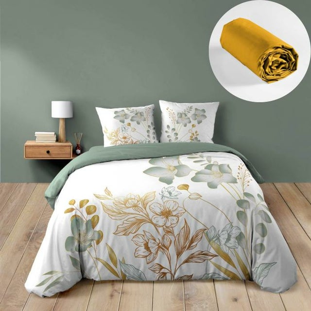 Pack Parure de lit 3 pièces 240x220 cm – Coton 42 fils – LOLITA + Drap Housse 140x190 cm Jaune