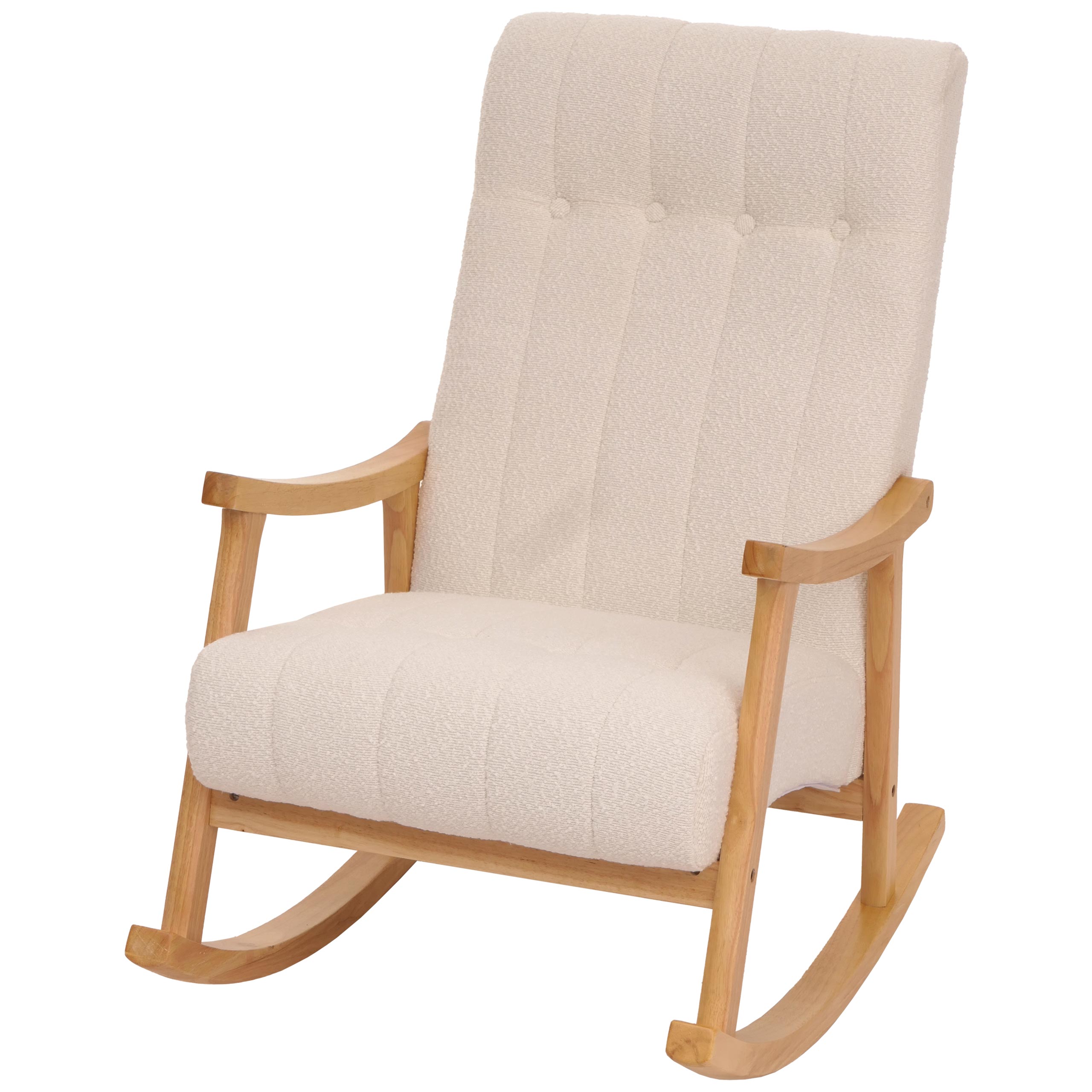 Fotel bujany HWC-K10, fotel relaksacyjny, drewno MVG tkanina/tekstylia bouclé (450 g/m²) ~ kremowy, stelaż naturalny