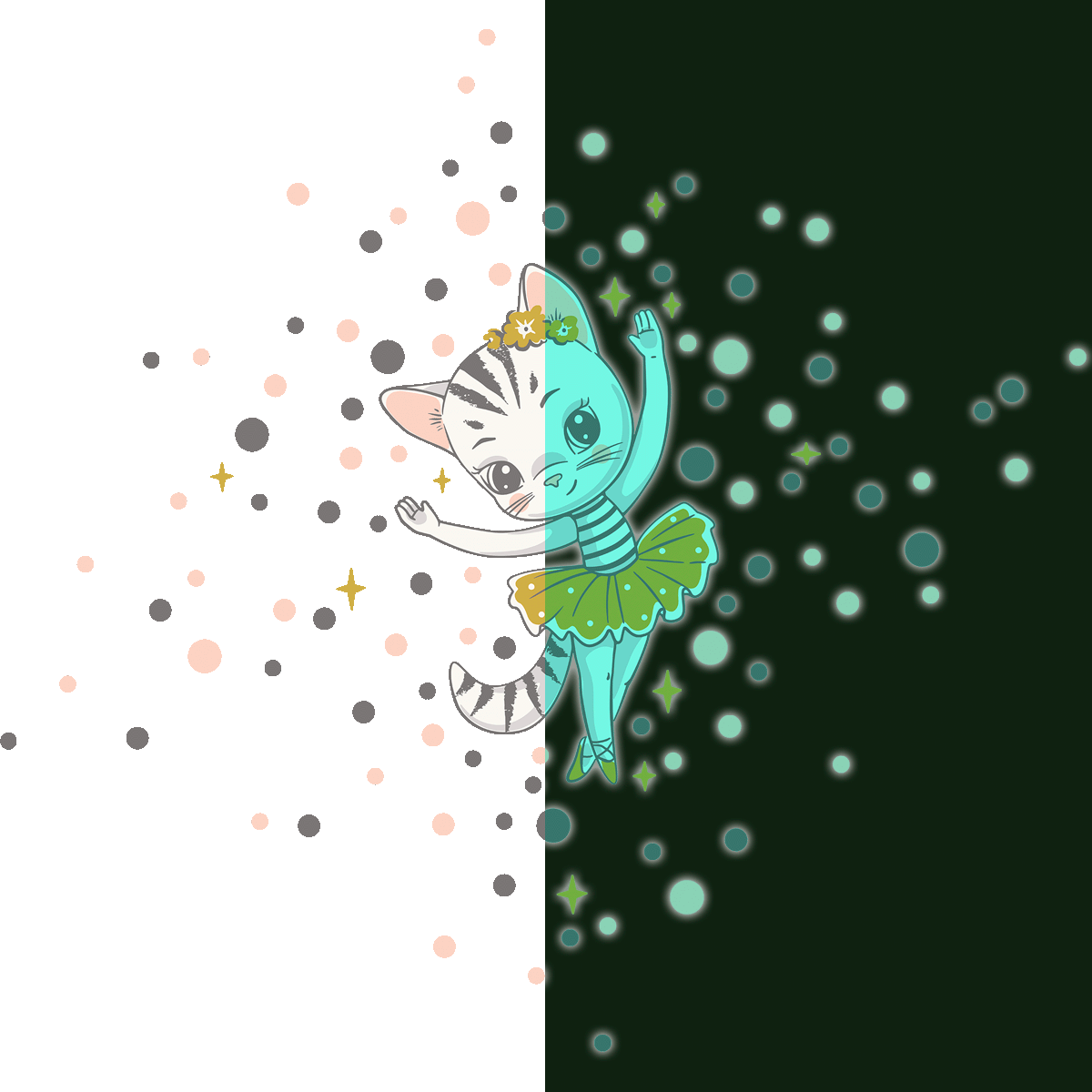 Adesivos fosforescente gatto ballerina + 100 cerchi colorati - Sticker adesivo - adesivi murali - 80x50cm - 2