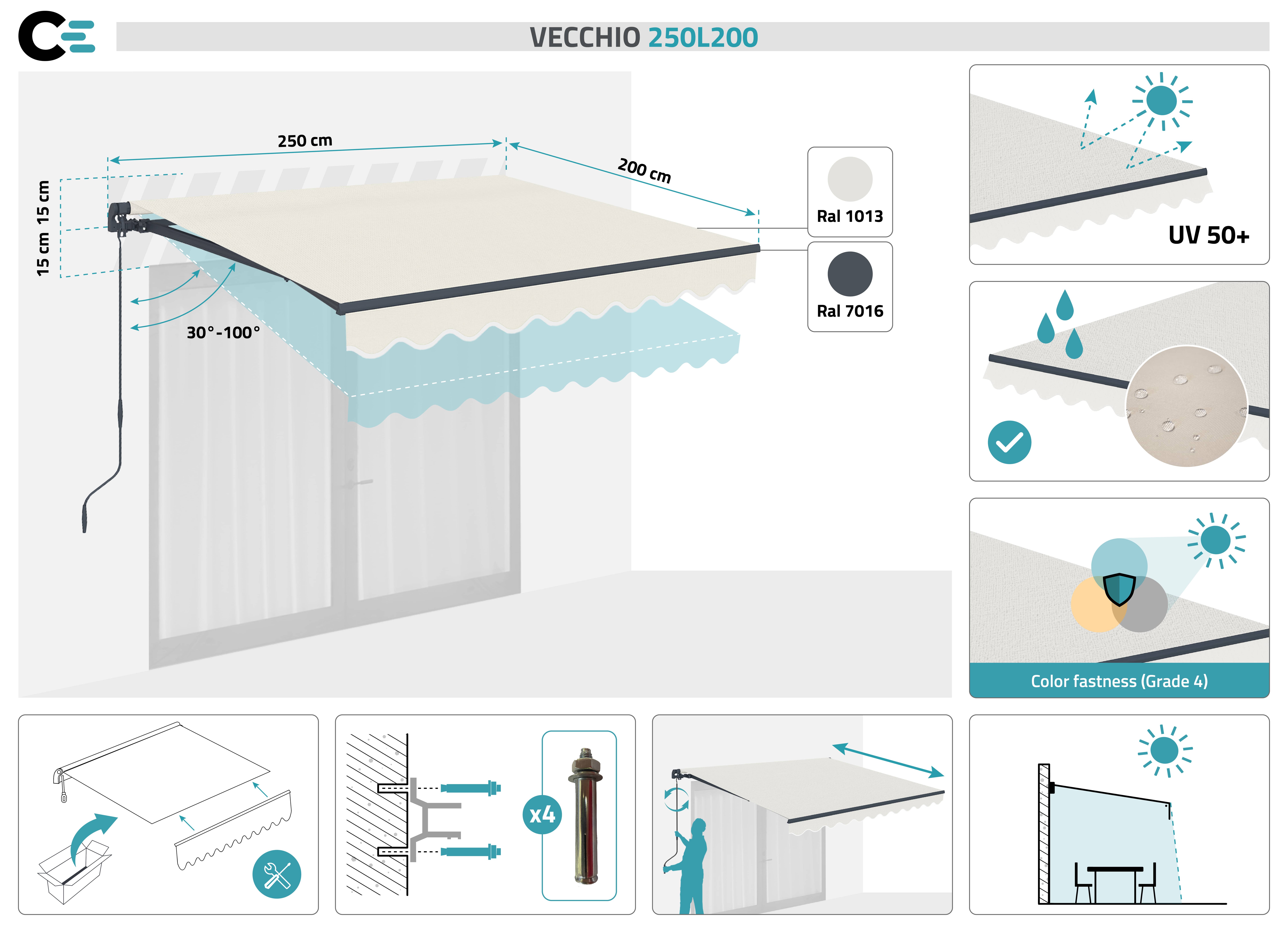 Store banne monobloc VECCHIO 2,5m x 2m - Toile premium 320g/m2 Beige - 2