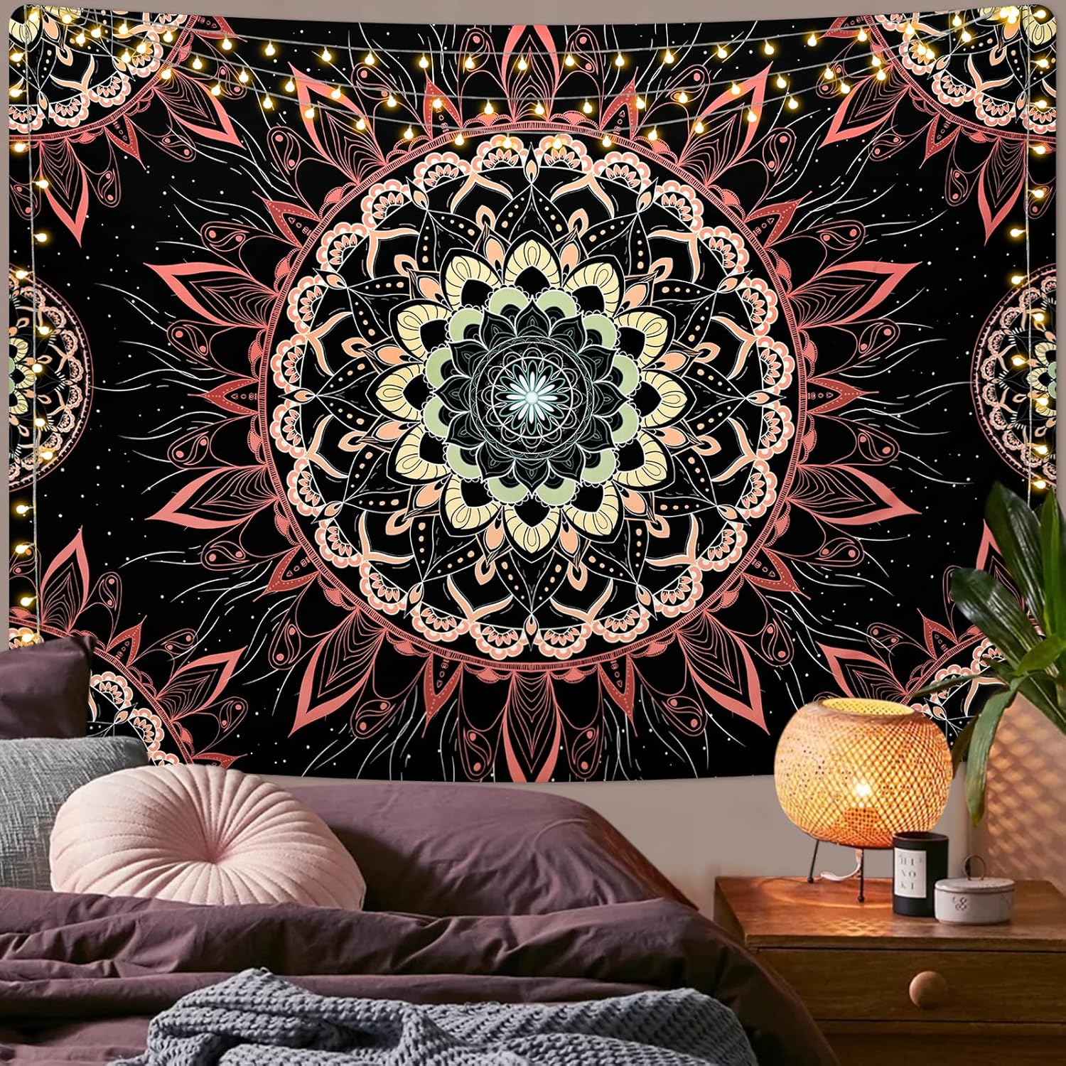 Tapisserie murale Mandala - Indie/cyganeria - Hipis - Dekoracja murale - Motyw róży lotosu - Esthétique, 150 x 130 cm