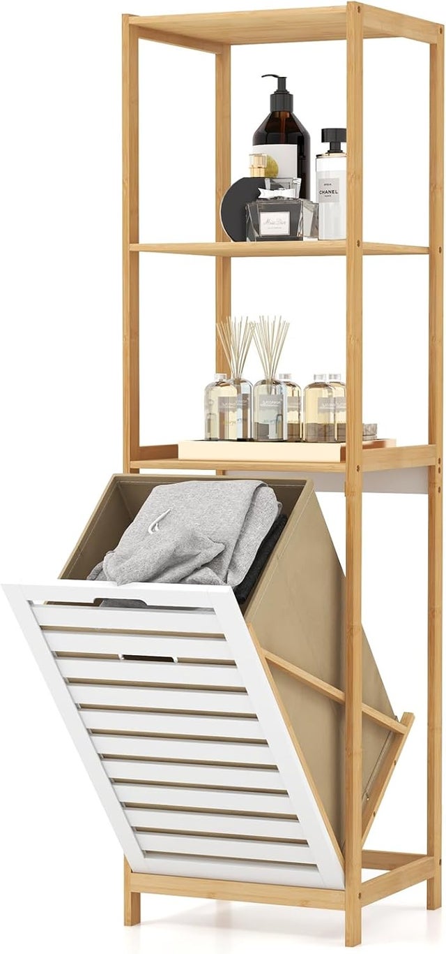 Relaxdays Meuble à Linge Bambou 2 Bacs Basculants 40L - Meuble Salle De Bain Naturel 95x88x33 Cm