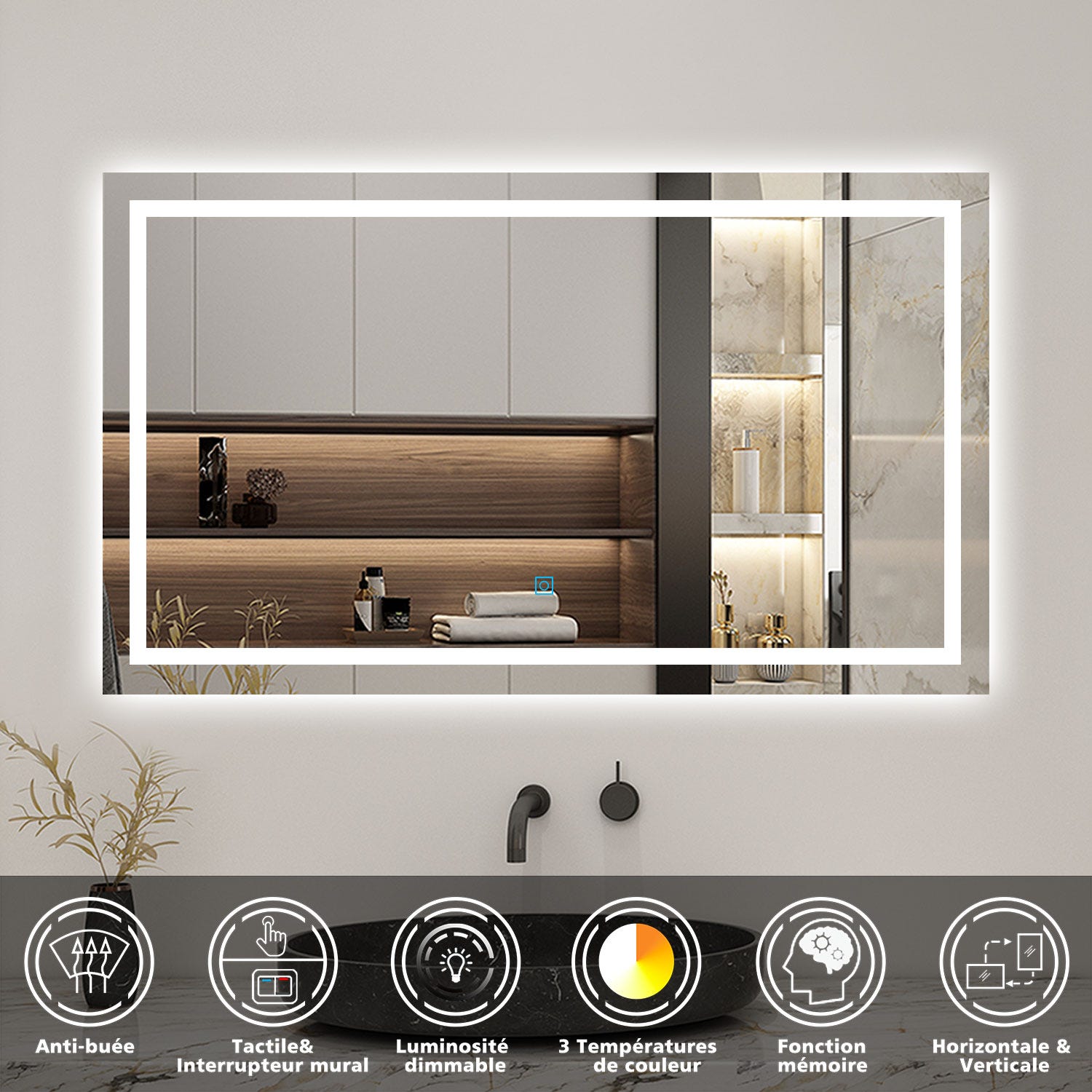 Miroir intelligent avec lumière LED 160×50 cm, miroir argent HD, 3 Miroir intelligent avec lumière LED 160×50 cm, miroir argent HD, 3