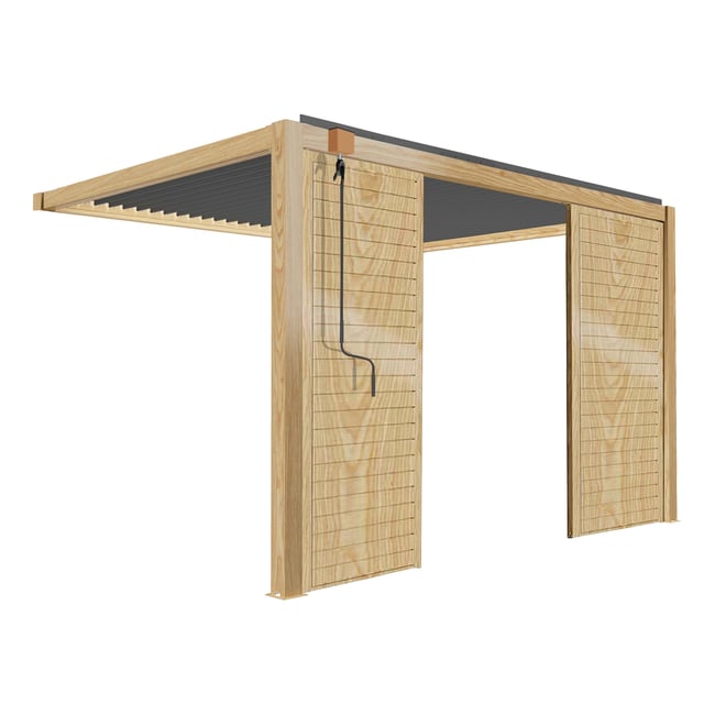 Pergola bioclimatica addossata 3 x 4 m con decoro legno con 2 schermi( 2 claustras 1 m x 2,39 m ) - Oviala