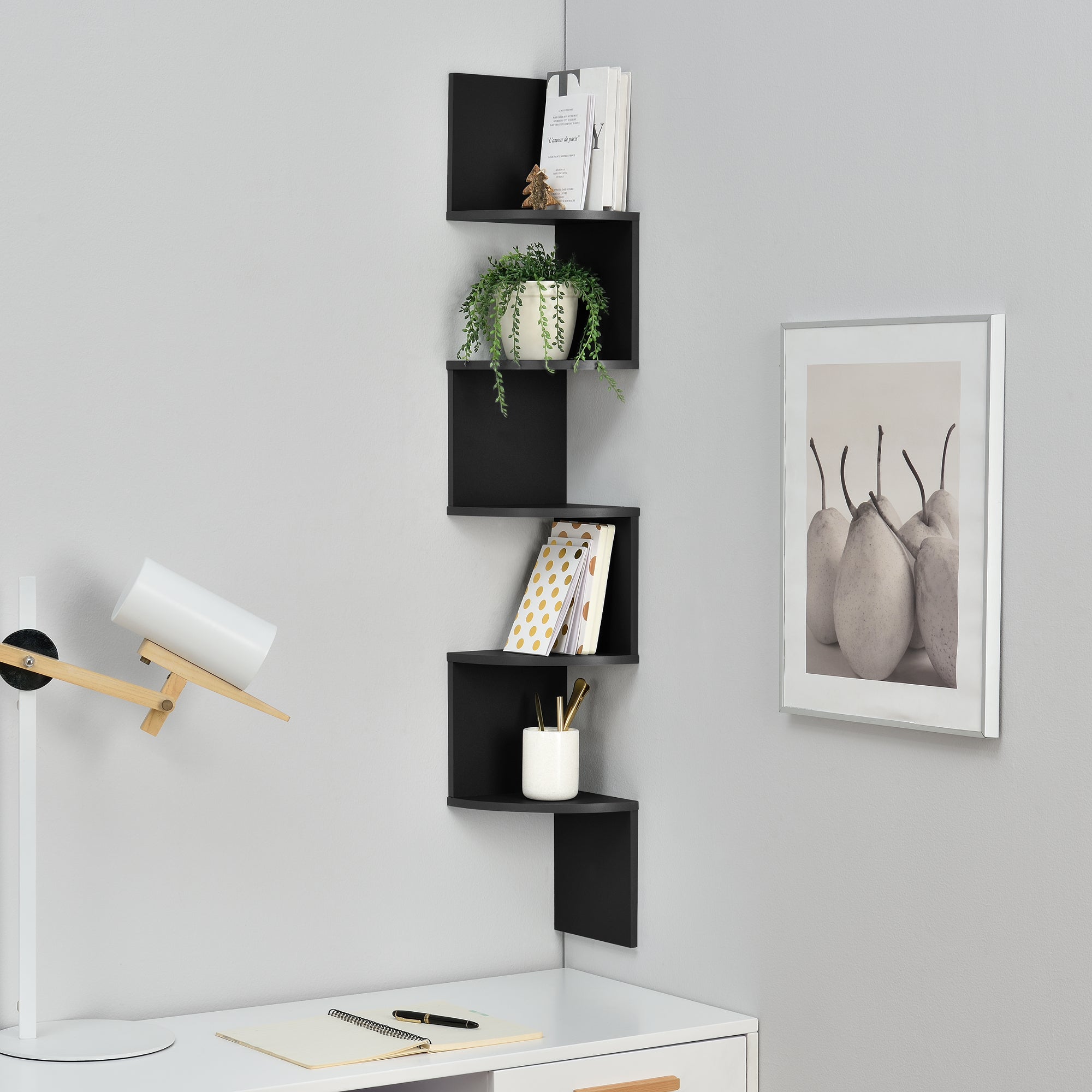 Avilia Scaffale Angolare Bianco A 5 Ripiani | Libreria Salvaspazio Da Parete Per Bagno, Cucina E Camera, Montaggio Facile