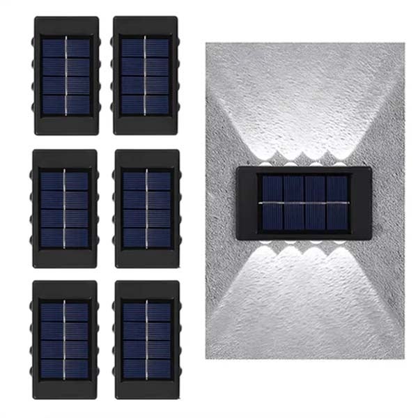 6x Lampa Solarna Ścienna - 8 LED, Białe światło, Zewnętrzna Up/Down, Oświetlenie Schodów/Krajobrazu, Wodoodporna, Idealna na Taras/Dziedziniec