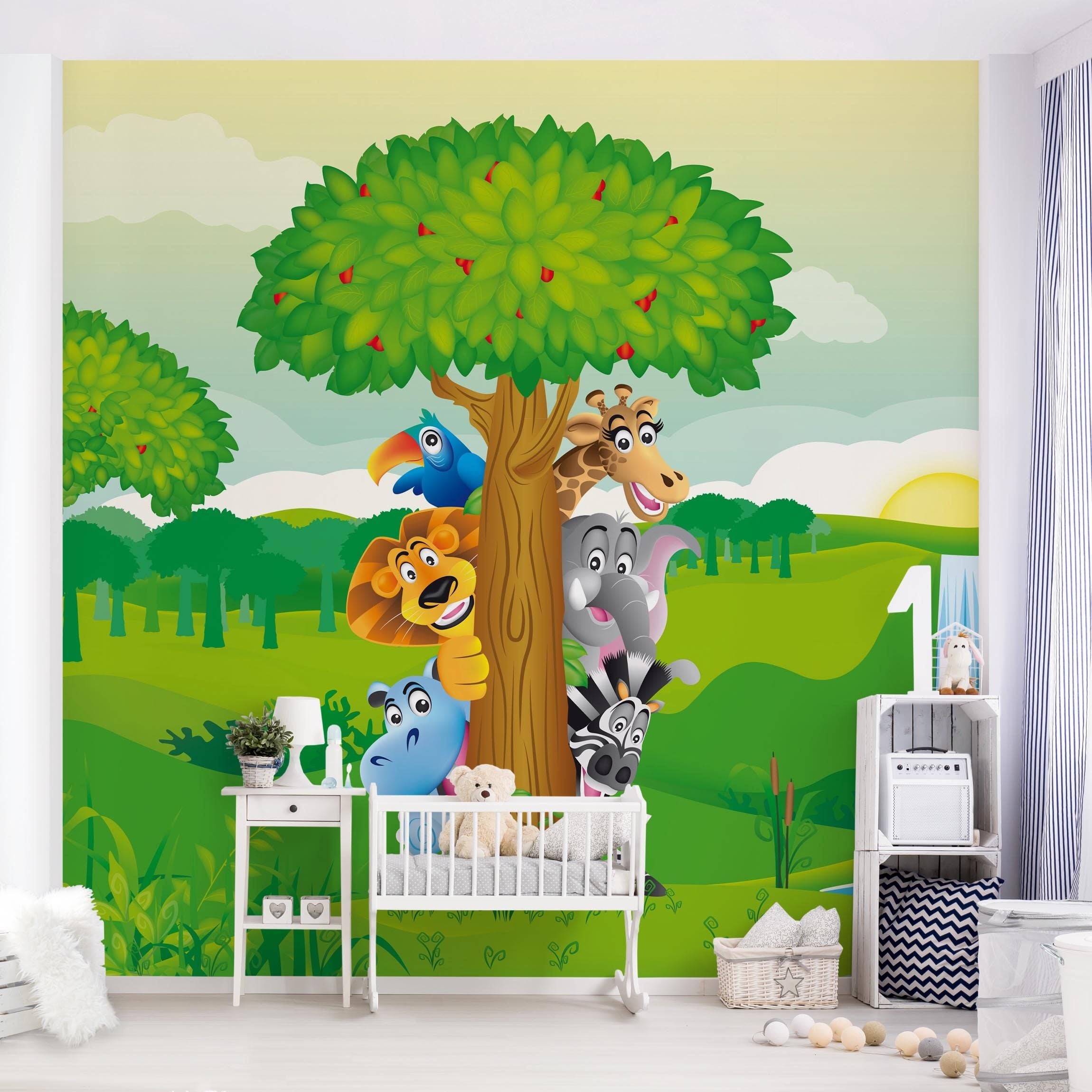 Papel pintado fotomural infantil animales bosque selva 34 - habitación infantil niño niña bebé - tnt 192 x 192 cm premium
