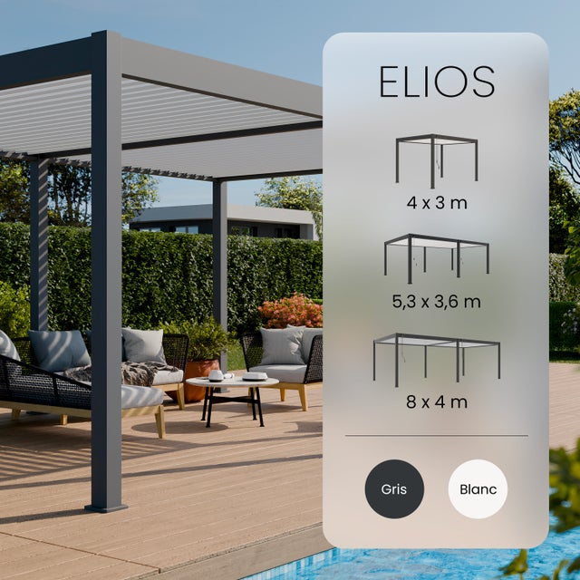 Pergola Bioclimatique Aluminium Autoportee 3x4m - 12m2 - Gris - Lames Orientables de 0 à 120° - ECLIPSE