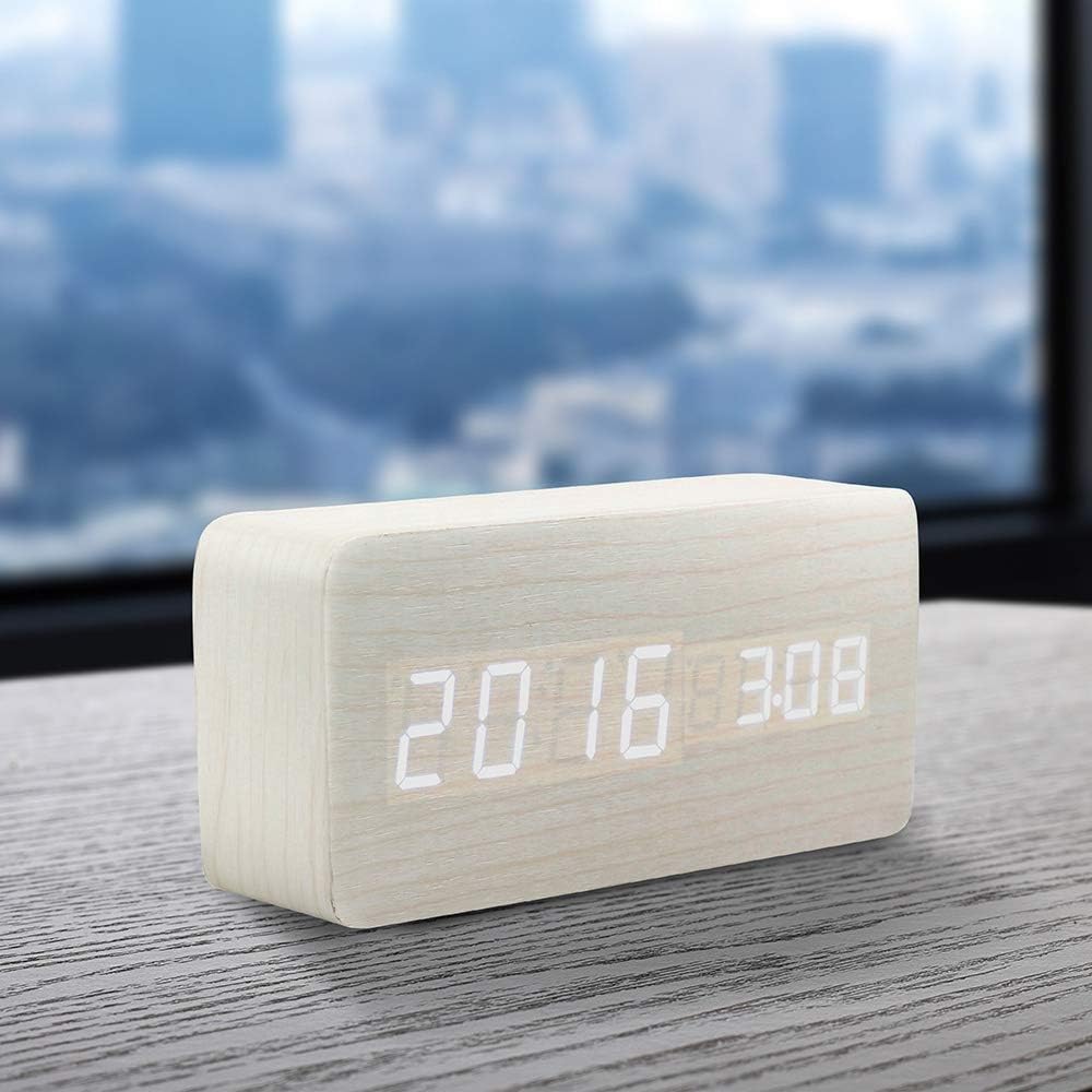 Réveil numérique en bois, réveil LED multifonction en bois avec alimentation USB, commande vocale et thermomètre - Blanc - 4