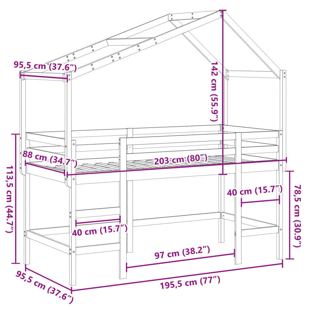 Lit superposé et échelle et toit 90x190 cm bois de pin massif - 8
