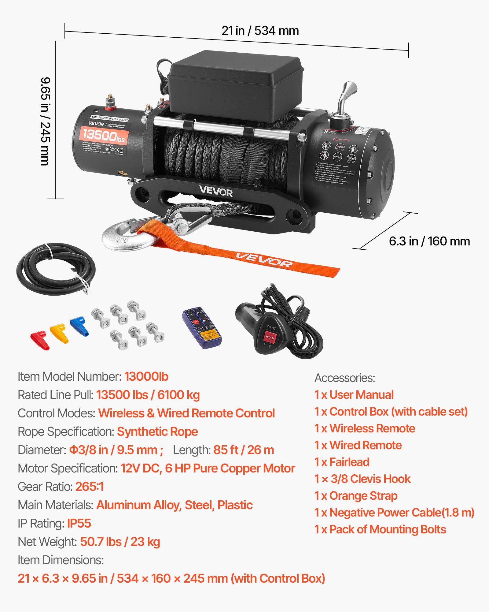 Treuil électrique VEVOR, corde synthétique, 12 V CC, 6100 kg, Ø9,5 mm×26 m, télécommande sans fil/fil, IP55, pour SUV/Jeep/remorque/bateau/4x4 - 7