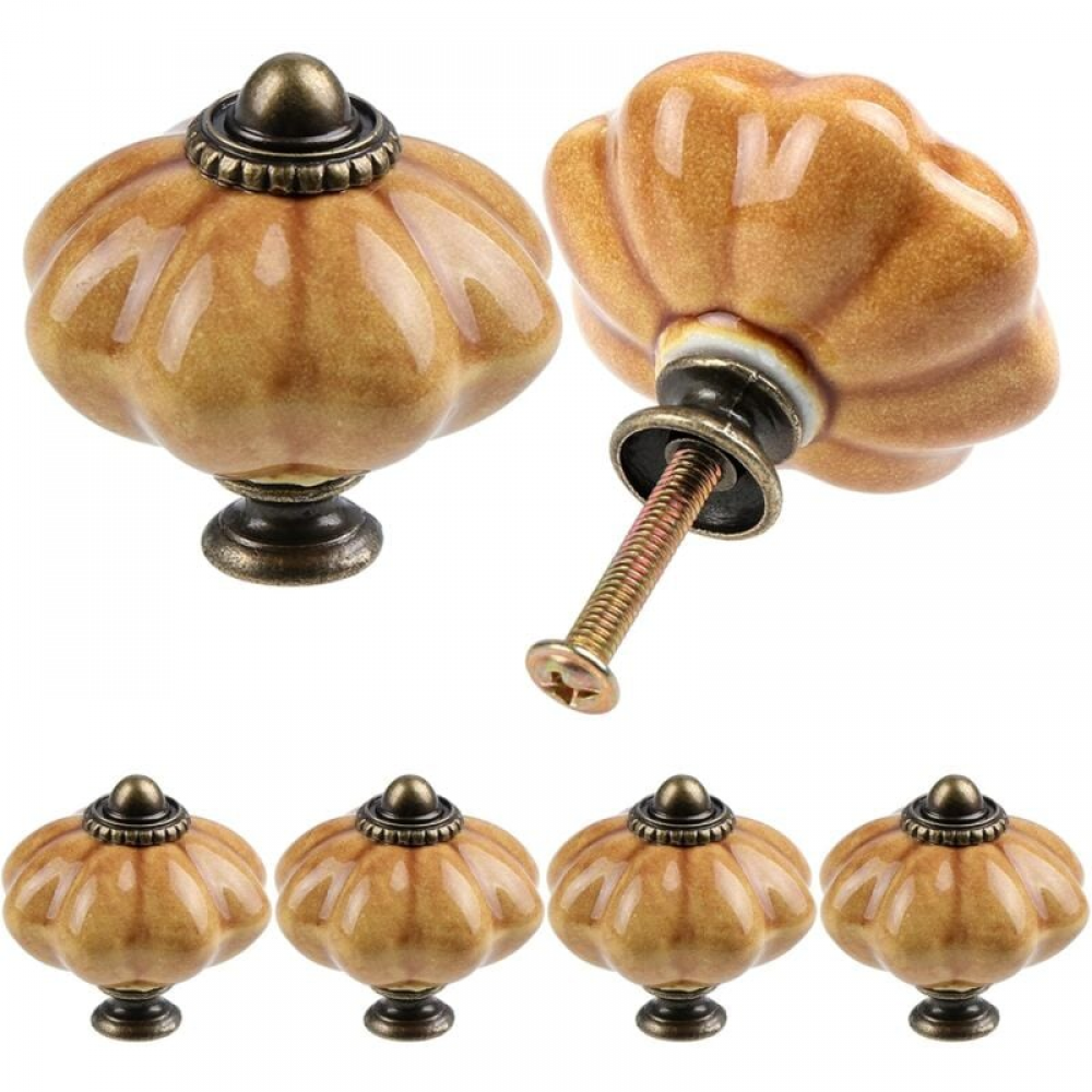 Zestaw 6 okrągłych ceramicznych gałek meblowych w stylu antycznej dyni