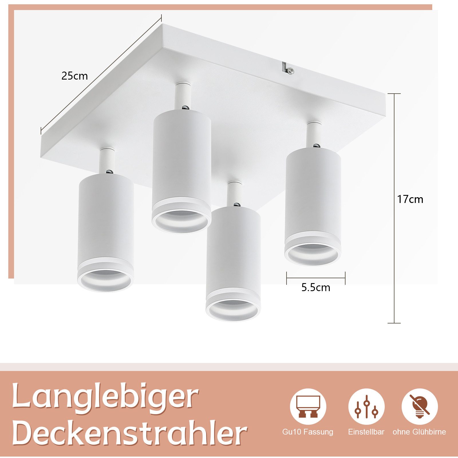 ZMH Spot de plafond blanc 4 ampoules moderne spot GU10 spots orientable intérieur métal - 6