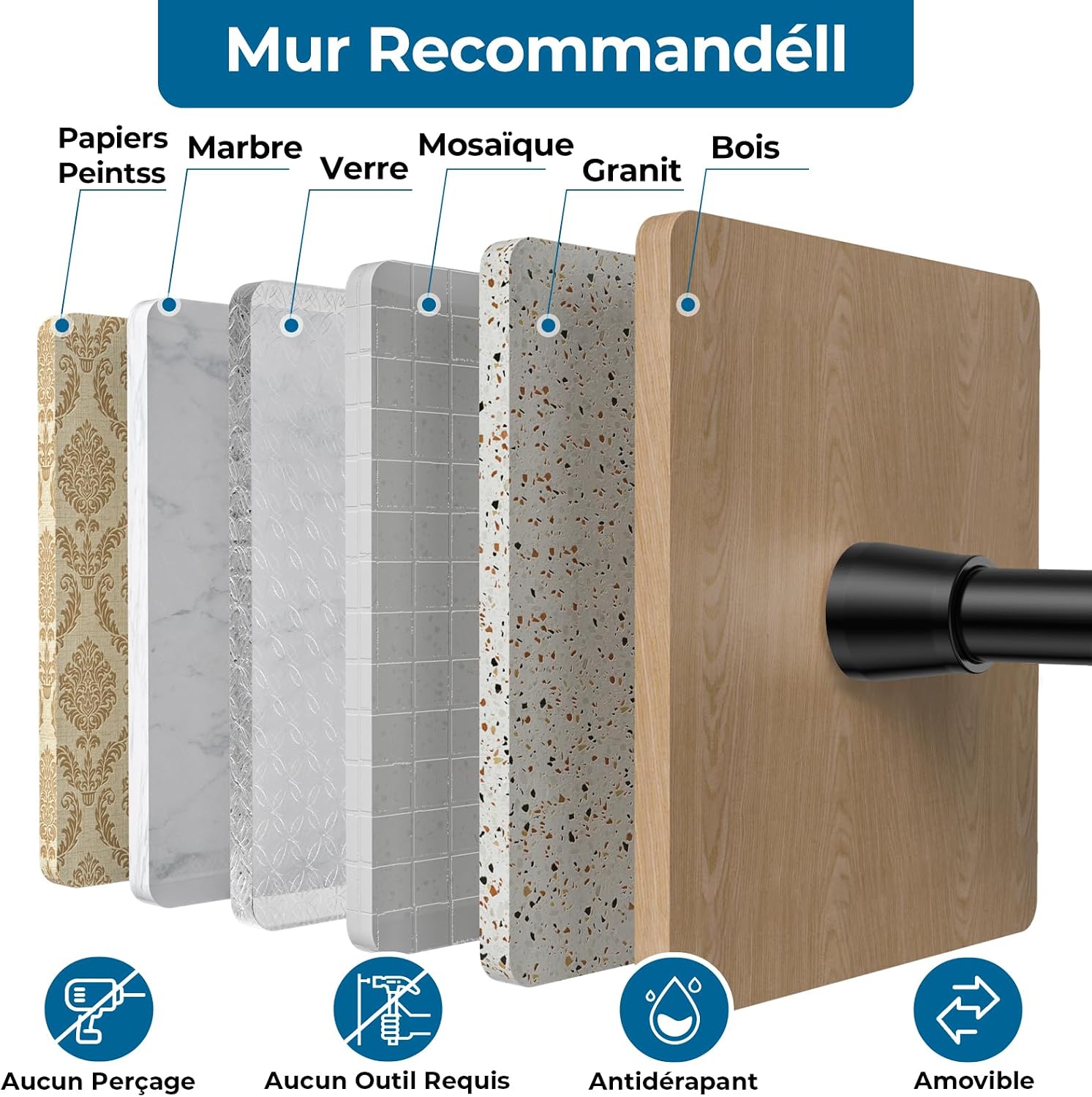 1 ensemble de tringle à rideaux télescopique sans perçage, 50-80 cm ...
