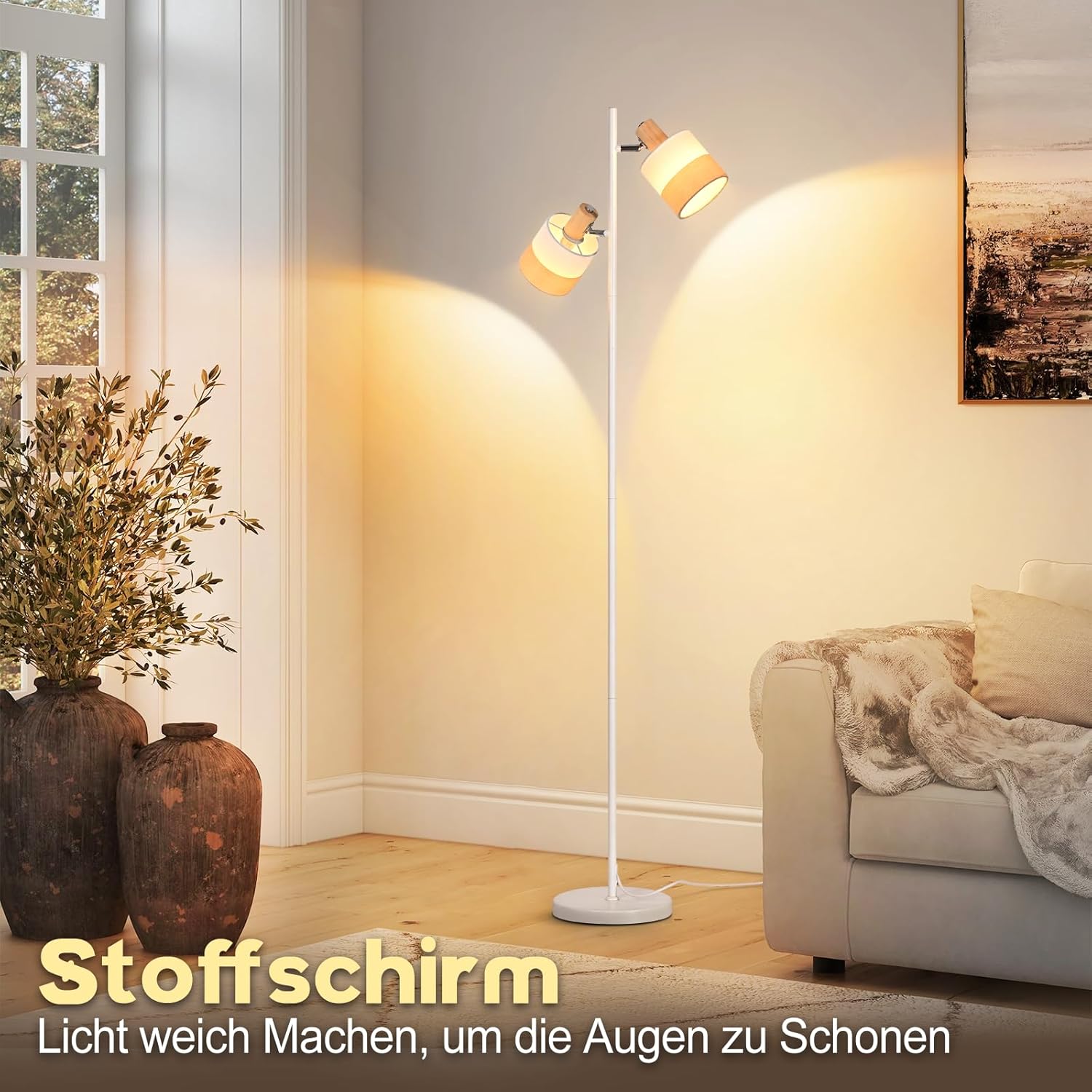 Lampa podłogowa Nettlife Vintage z drewna, 2xE14, styl retro, klosz z materiału, obrotowa, przełącznik nożny, salon/sypialnia - 5