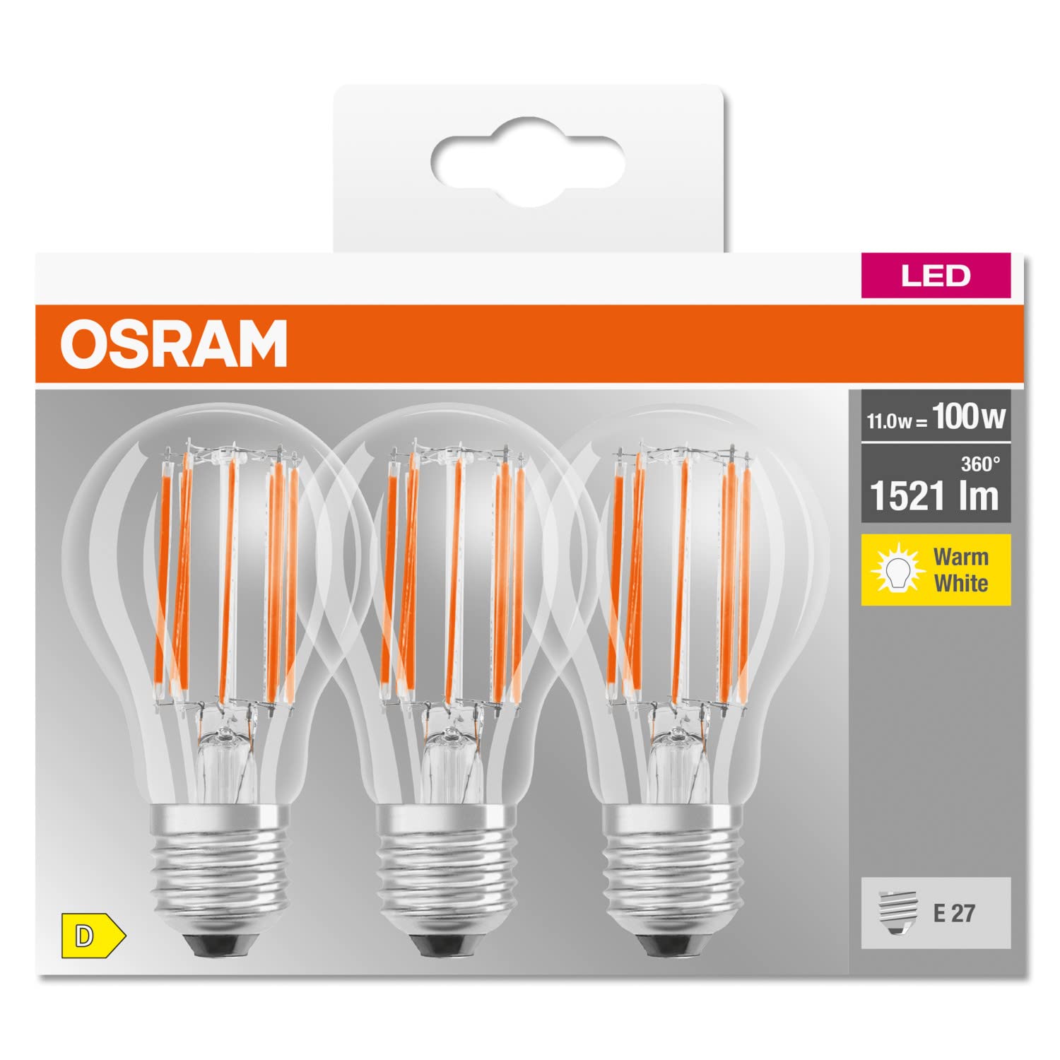 3-Pack OSRAM LED BASE Classic A100, ampoules LED à filament transparent en verre pour culot E27, forme ampoule, blanc chaud (2700K), 1521 lumen, en - 4
