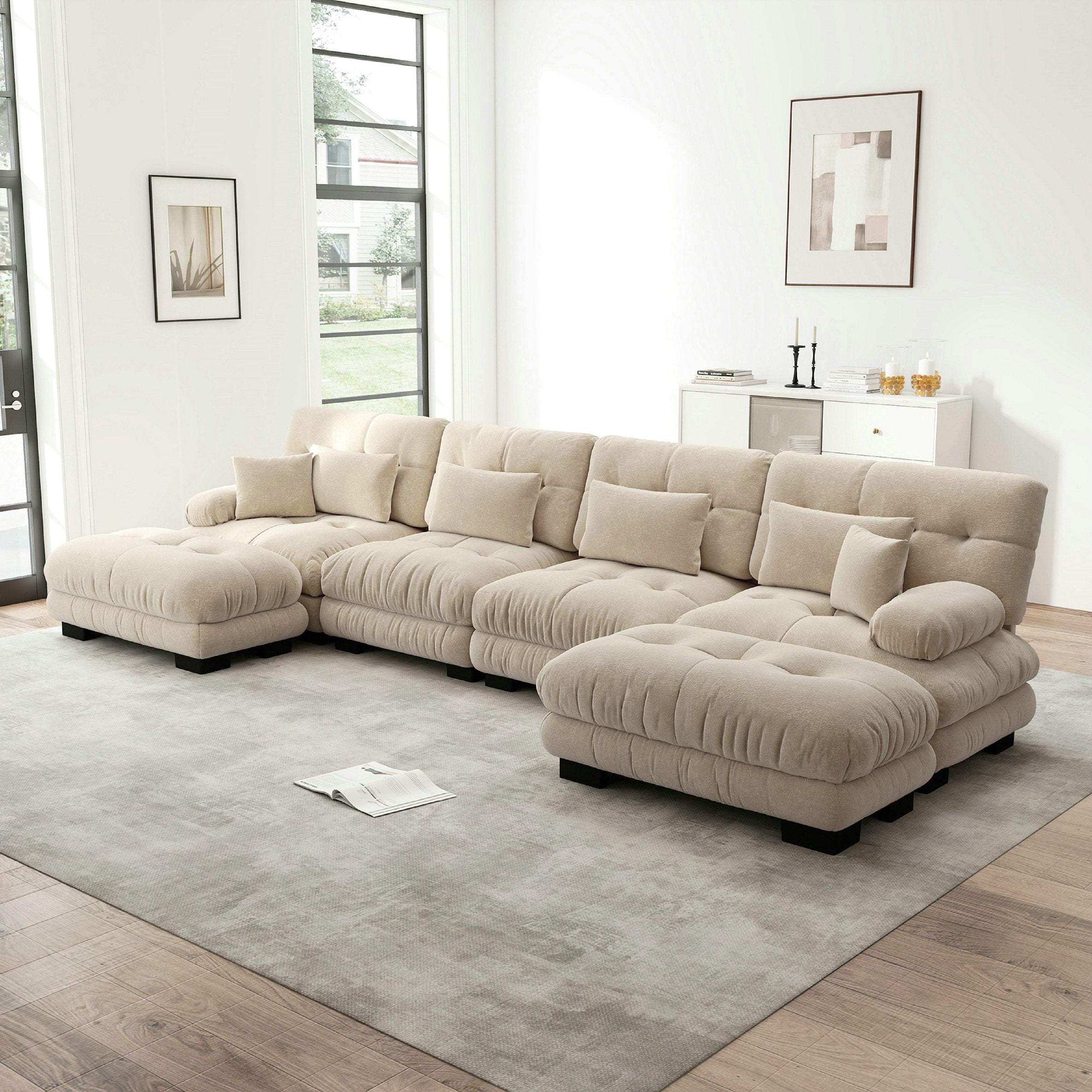 Canapé d\'angle modulable, ensemble en forme de U 4 places confortable effet nuage - avec pouf amovible - chenille marron clair - 4