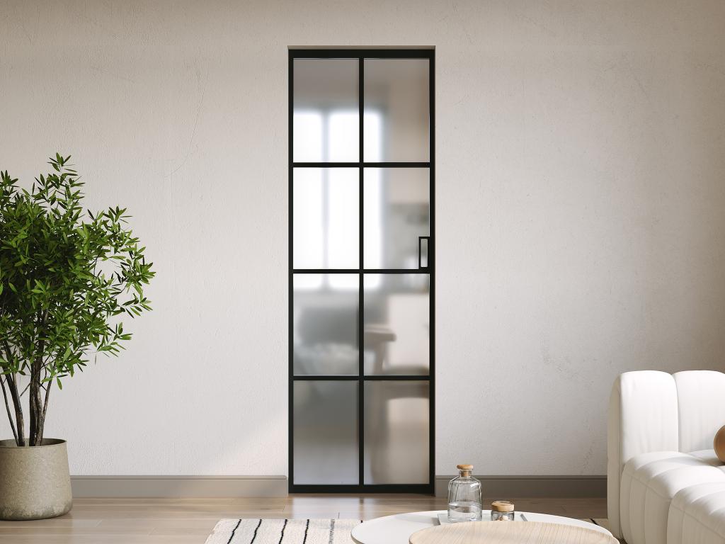 Porte coulissante avec système à galandage en aluminium et verre trempé