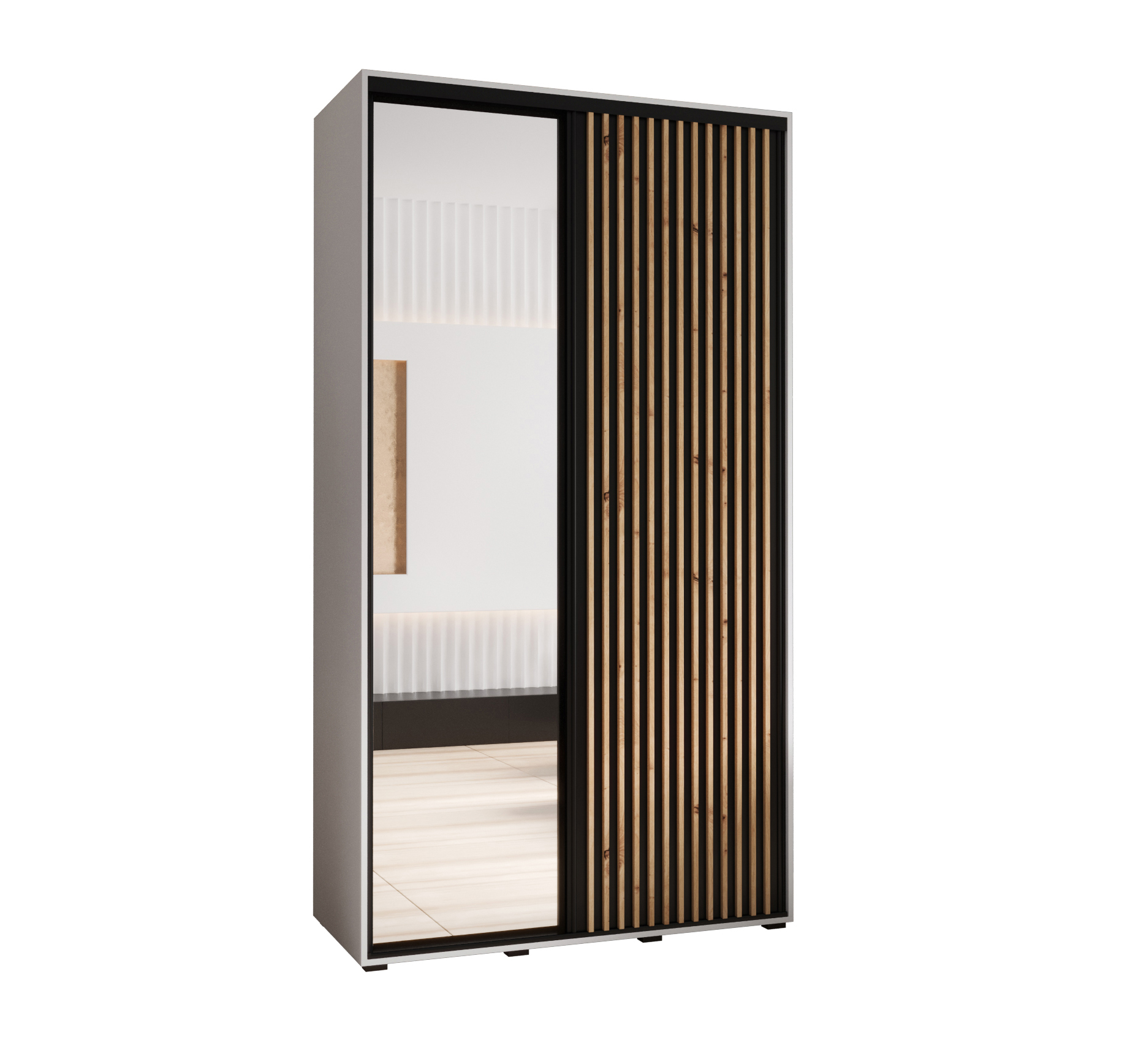 Szafa przesuwna z lustrem wysoka Lanko 2 130 x 60 x 235,2 cm biały + czarny + lamele artisan - Abiks Meble