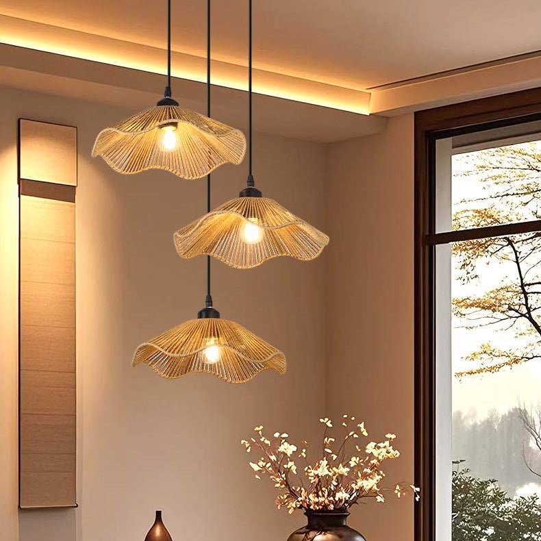 Lustre bohème avec ampoule, suspension en rotin faite main, lustre de chevet vintage, Plafonnier suspendu, lumière chaude 3000K, φ30cm - 7