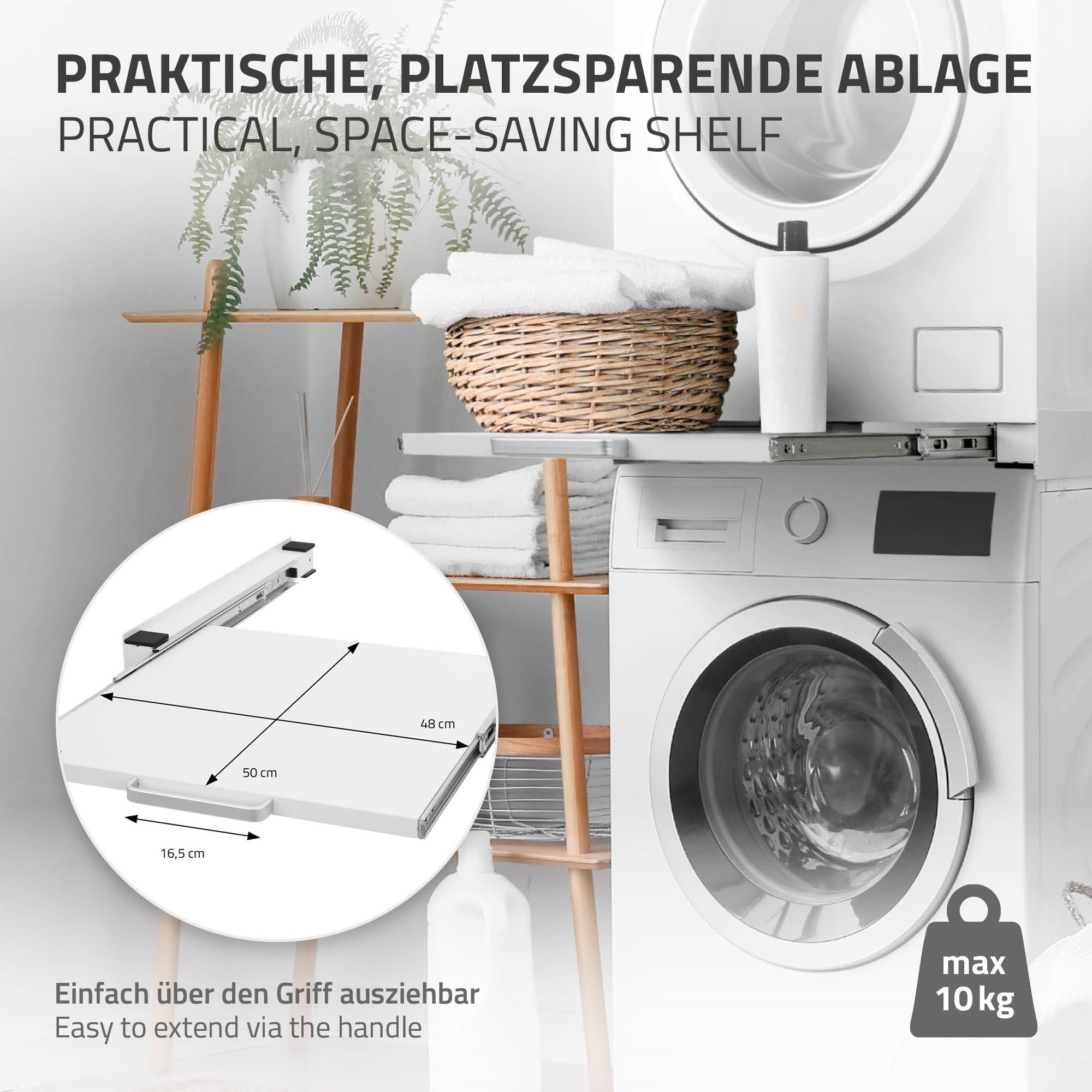 Estante extraíble intermedio entre lavadora y secadora blanco 60 x 60 cm con asa - 3