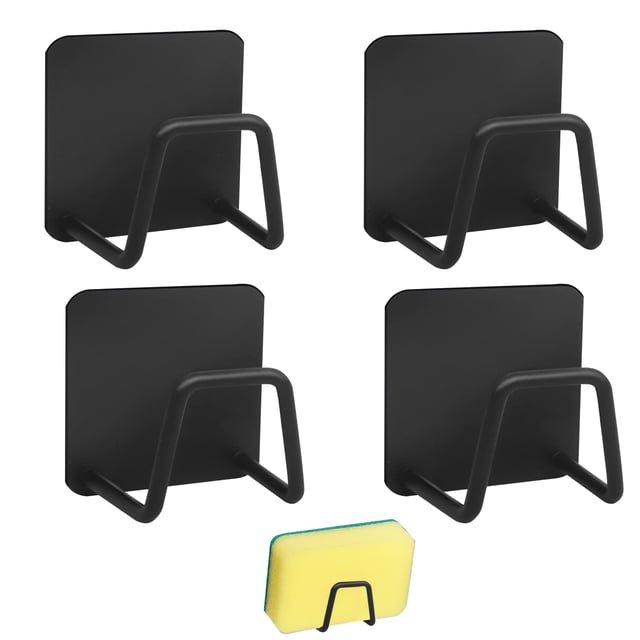 Porte-éponge 4 pièces, porte-éponge à vaisselle en acier inoxydable, support d'éponge antirouille pour évier de cuisine, noir mat