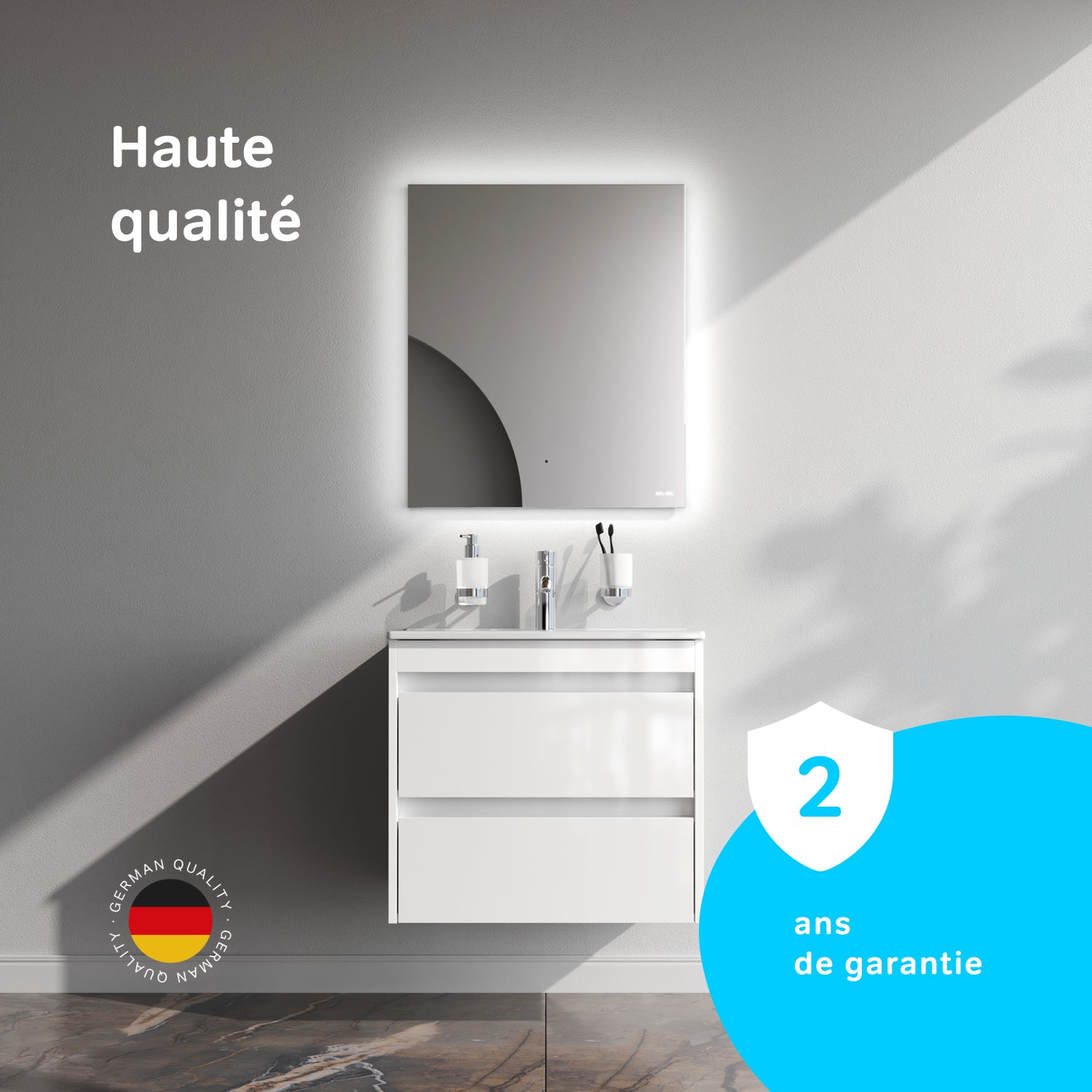Meuble salle de bains avec Vasque en Céramique Meuble simple vasque suspendu 60cm effet bois clair avec lavabo intégré, 2 tiroirs, design, Blanc AM.PM - 11