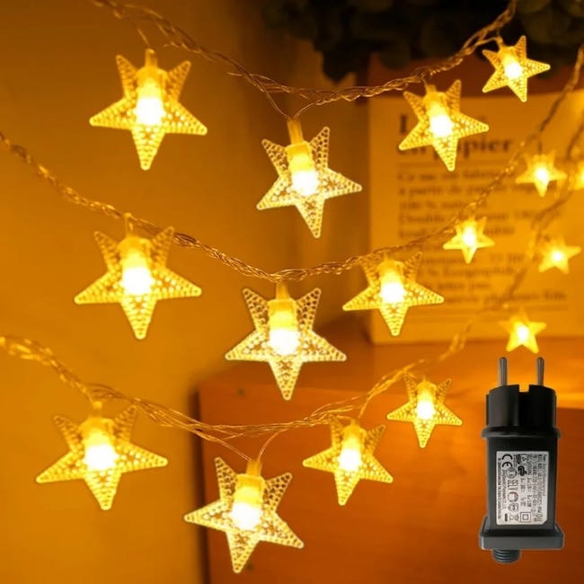Guirlande Lumineuse étoiles 20 LED - 3 Mètres, Fil Blanc, étanche IP43 - Alimentation USB Ou Piles - Pour Décoration Intérieur/extérieur, Fête, Chambre, Noël