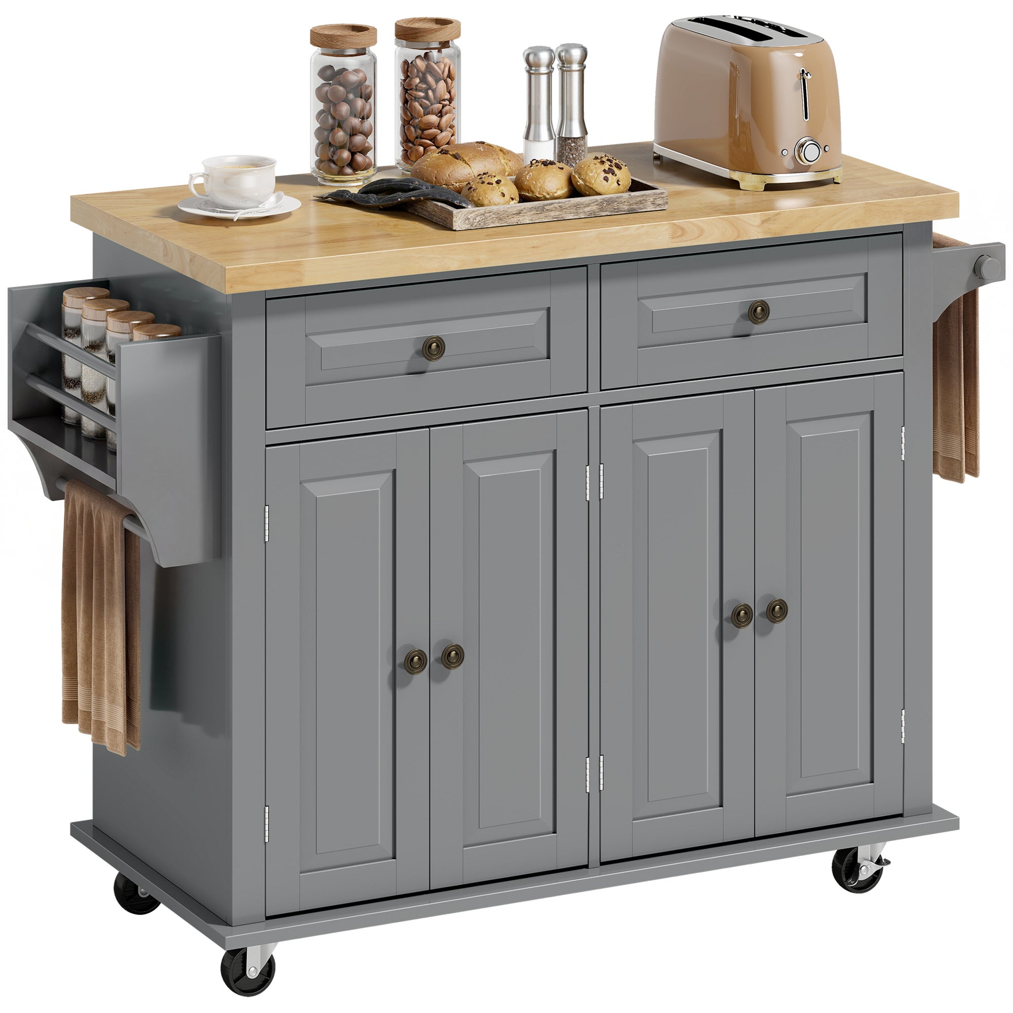 Isla de cocina con ruedas 2 cajones 4 puertas soporte especias 111x44,5x82,5cm gris