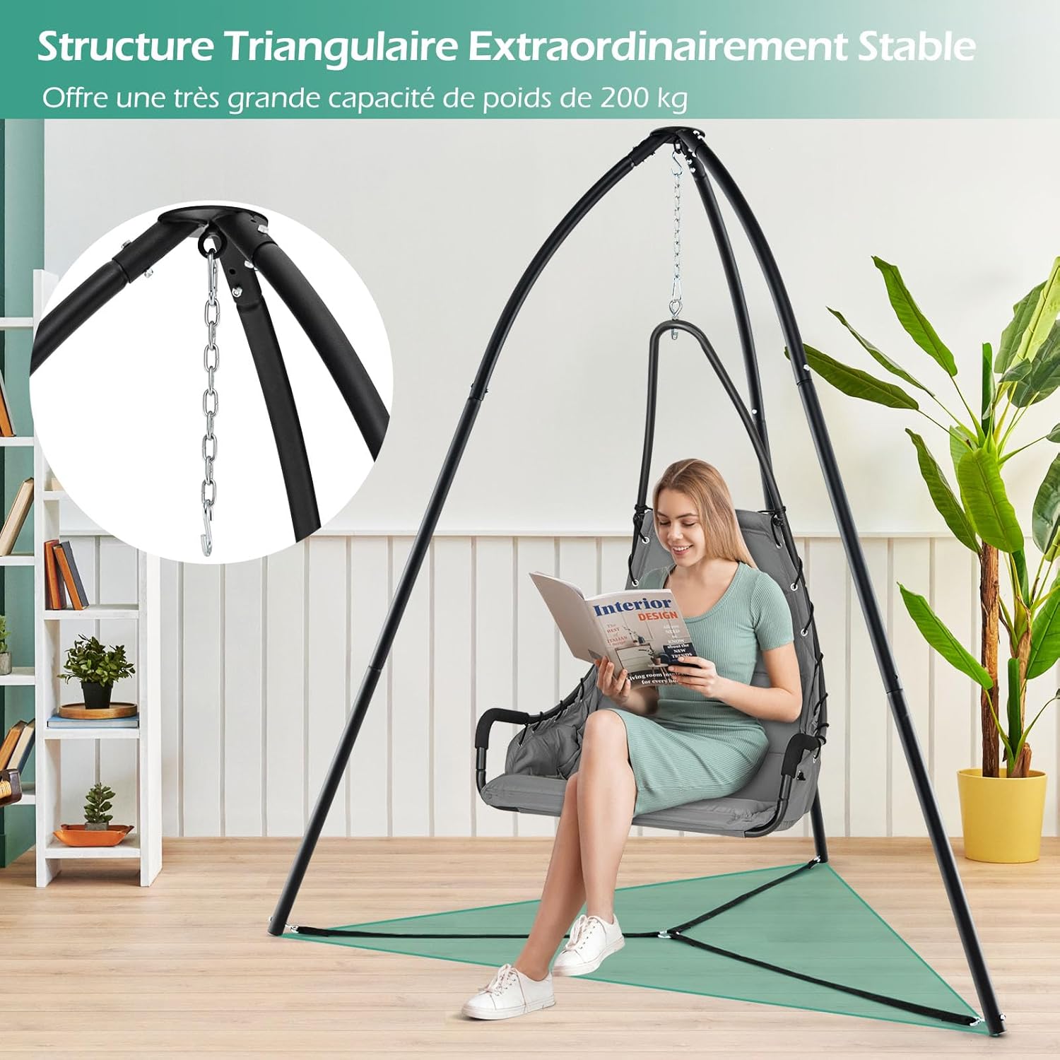 Support Pour Hamac Ou Fauteuil Suspendu - Structure Acier Réglable 135x115x200cm - Intérieur Et Extérieur - Noir