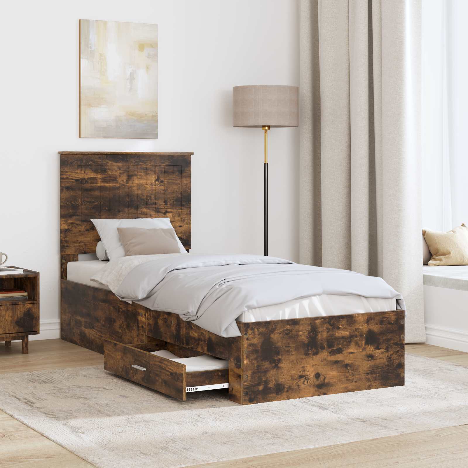 Cadre de lit chêne fumé et argent, panneau de bois, pour la chambre, 70 × 190 cm - 3