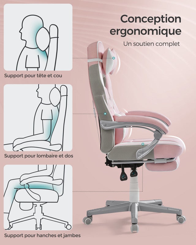 Fauteuil de Bureau, Réglable, Repose-pieds Télescopique, Mécanisme à Bascule, Appui-tête, Rose Bonbon et Blanc Crème - 4