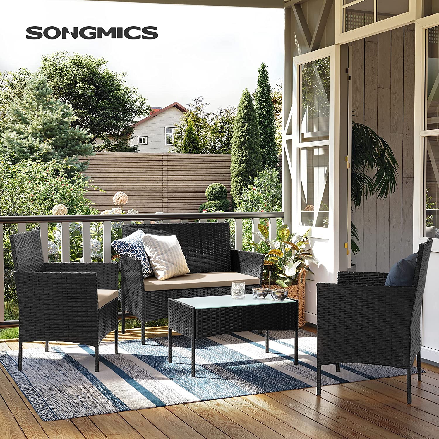 Salon de Jardin Extérieur, Ensemble de Mobilier, Table et Chaises Noir et Taupe - 2