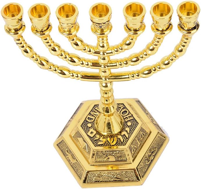 Menorá de 7 brazos, candelabro judío, 12 tribus de Israel, altura 13 cm, dorado - 2