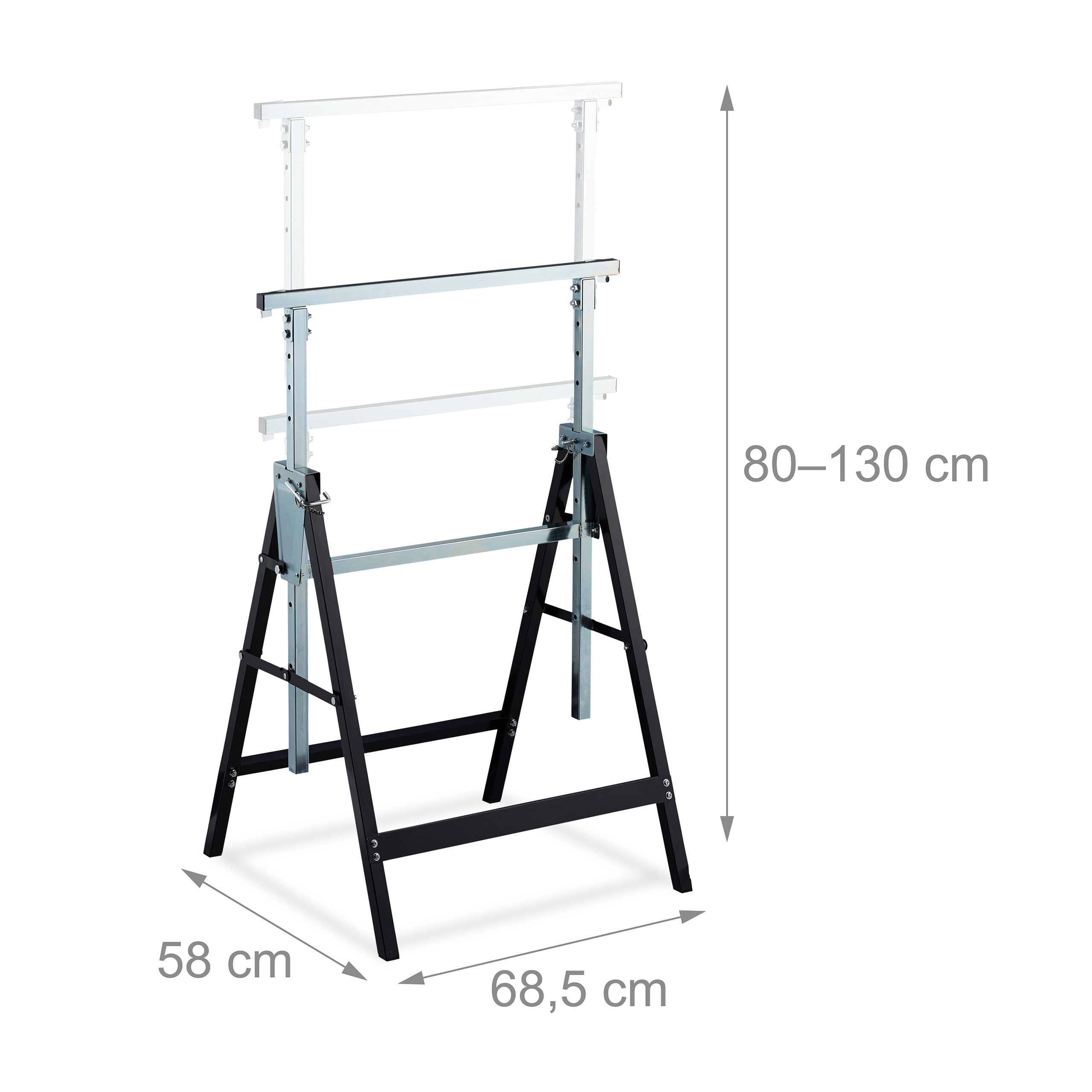 Tréteaux télescopiques, set 2, Chevalet pliable, poignée, 200 kg, 7- hauteur réglable 80-130 cm, noir-argenté, Relaxdays - 4