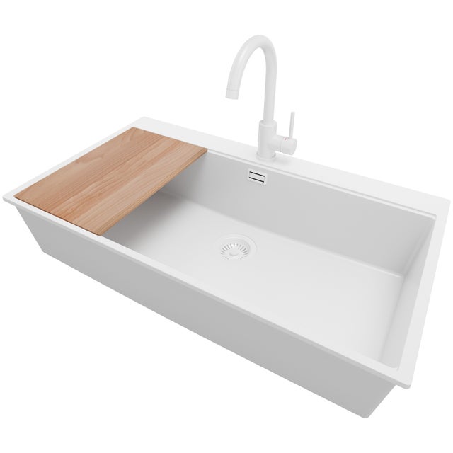 Evier Cuisine en Granit Tout Blanc 88x50cm, Lavabo 1 bac + Kit de Vidage + Accessoire, Évier à Encastrer au meuble 90cm - Oslo PRIMAGRAN