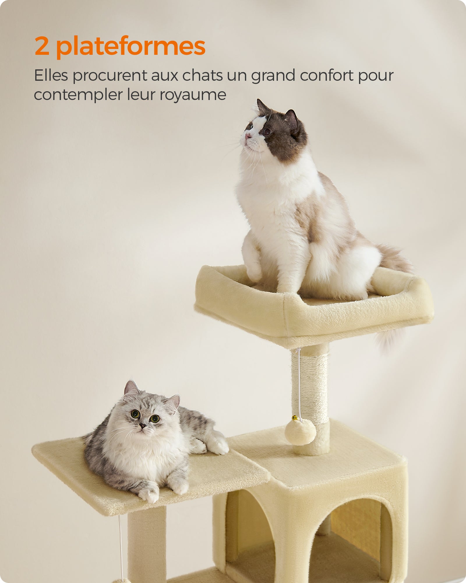 Arbre à Chat Hauteur 143 cm, avec 4 Poteaux à Griffer, 2 Plateformes, 1 Niche, 1 Hamac, 2 Pompons, en Tissu Peluche, Multi-niveaux, Beige - 3