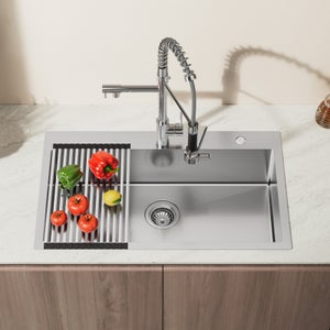 Auralum MAX Évier de Cuisine 1 Cuve Inox Brossé 304 75*45*19CM - Évier 1 Bac avec Égouttoir pliable-Grande Capacité avec Deux Trous de Montage