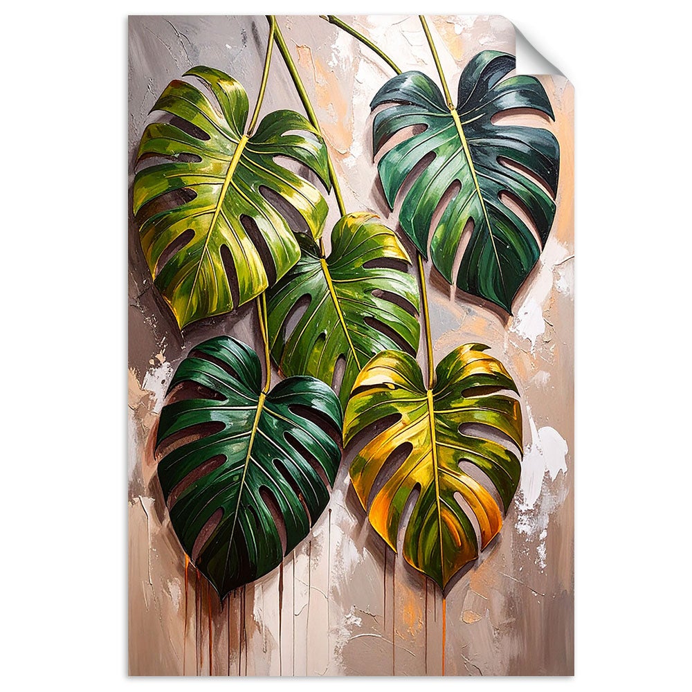 Naklejka samoprzylepna, Monstera Liście na malowanym tle 70x100