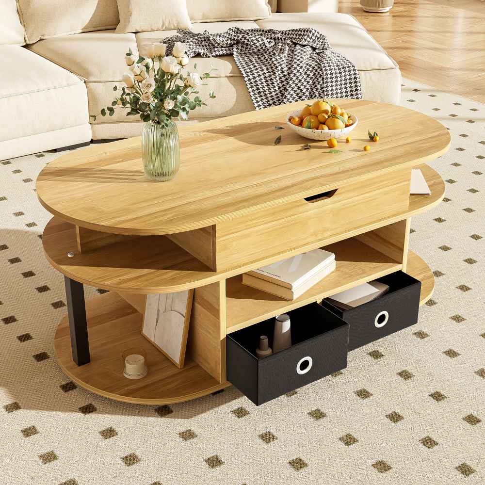 Table Basse Moderne Veines de Bois : avec Fonction Relevable, Espace de Rangement & Tiroirs en Tissu Noir, Polyvalente pour Salon & Bureau - 8